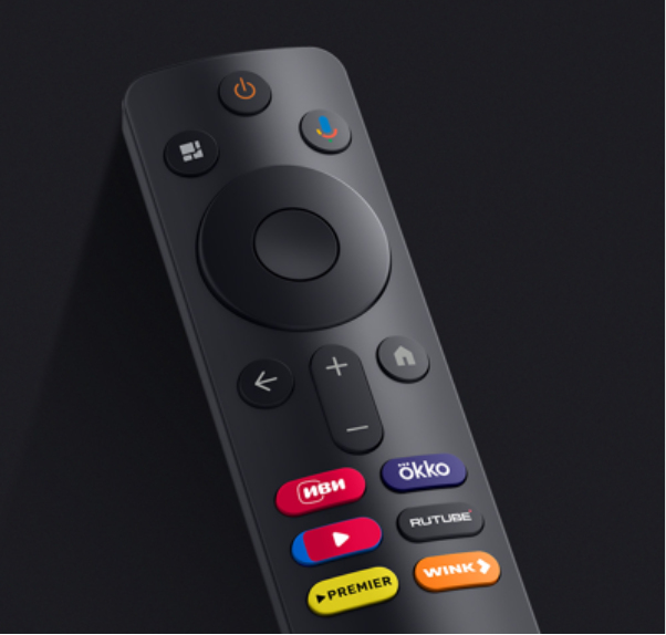 Black remote control with colored buttons for streaming services.