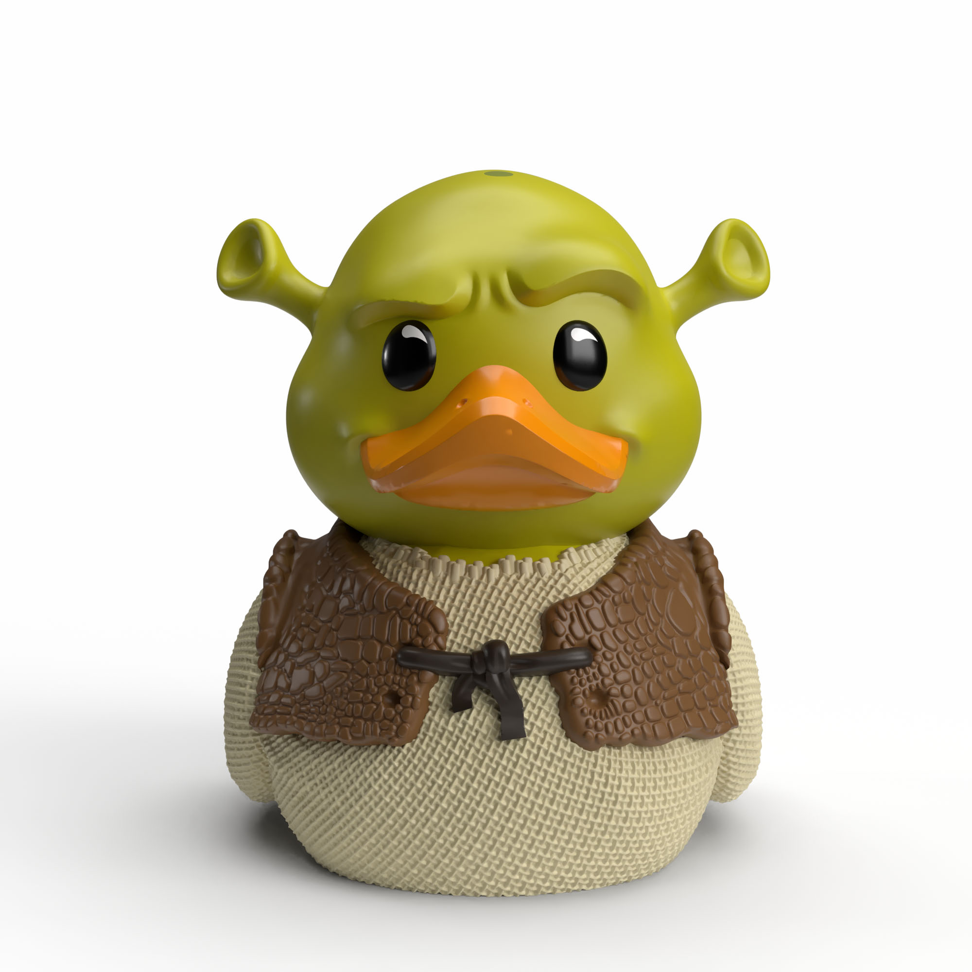 Egy zöld, Shrek-stílusú gumikacsa barna mellénnyel és szövet testtel.
