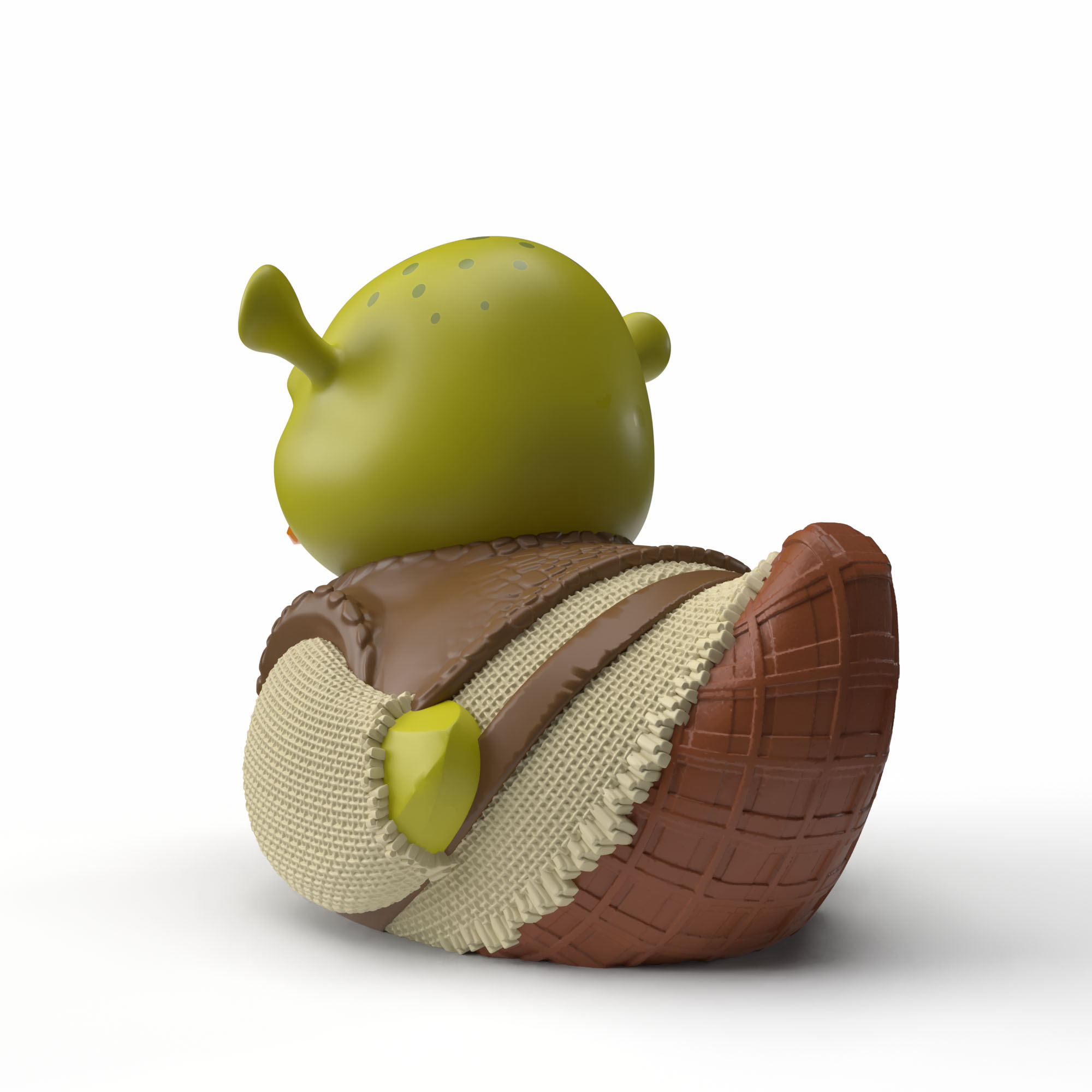 Zöld gumikacsa barna mellényben, Shrek ihlette.