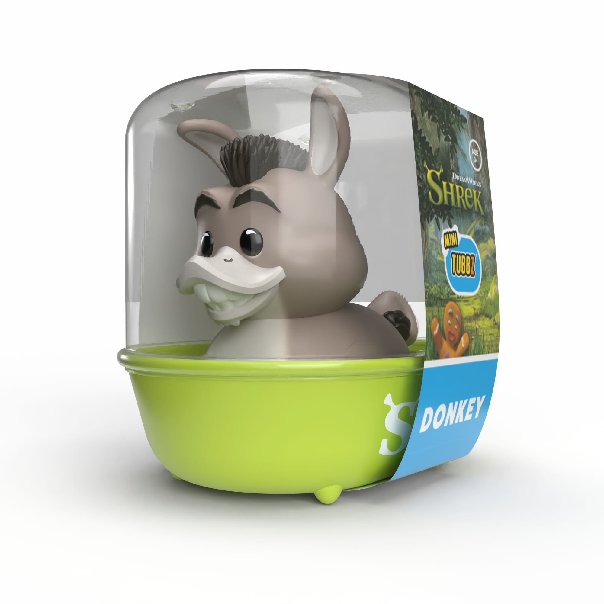 Egy Shrek Mini Tubbz szamárjáték zöld tartóban.