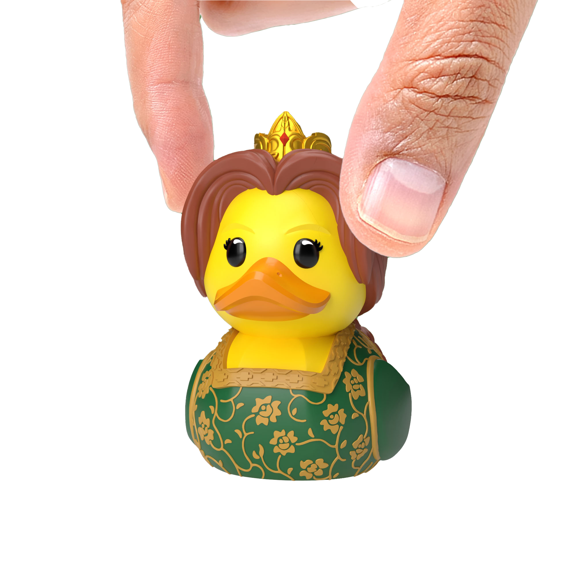 Egy sárga gumikacsa zöld ruhában, arany koronával.