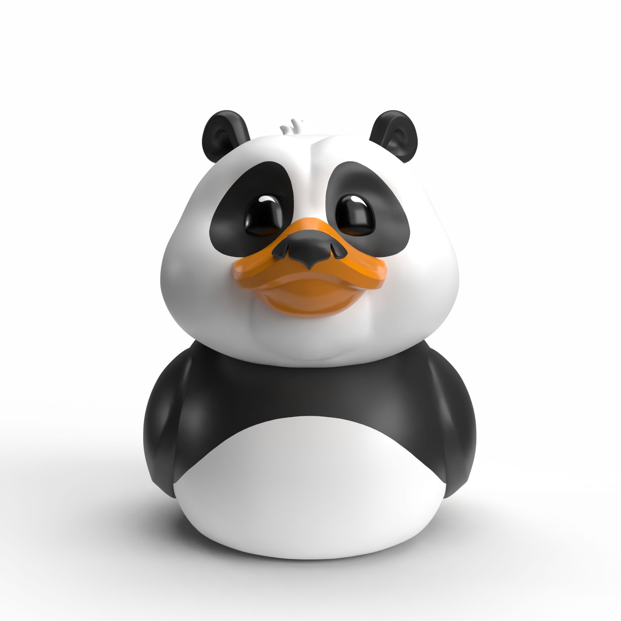 Rajzfilm panda kacsa gumijáték narancssárga csőrrel fehér háttér előtt.