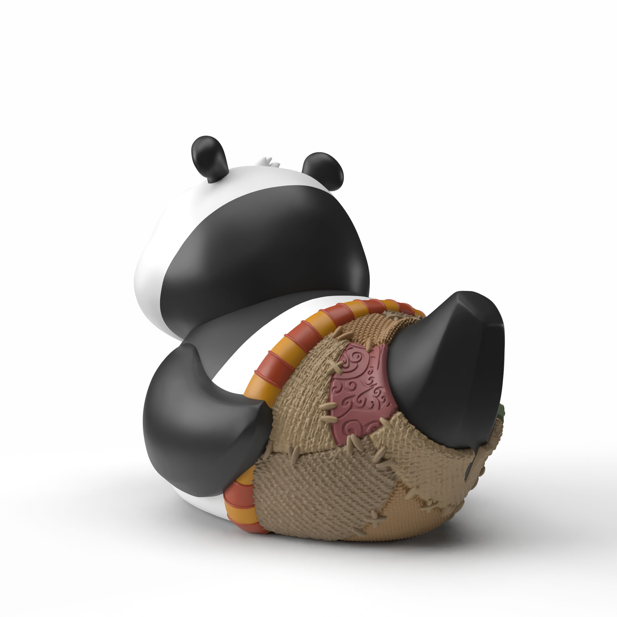 Egy stilizált pandafigura ül, piros és sárga gyűrűs, foltozott labdát tartva.