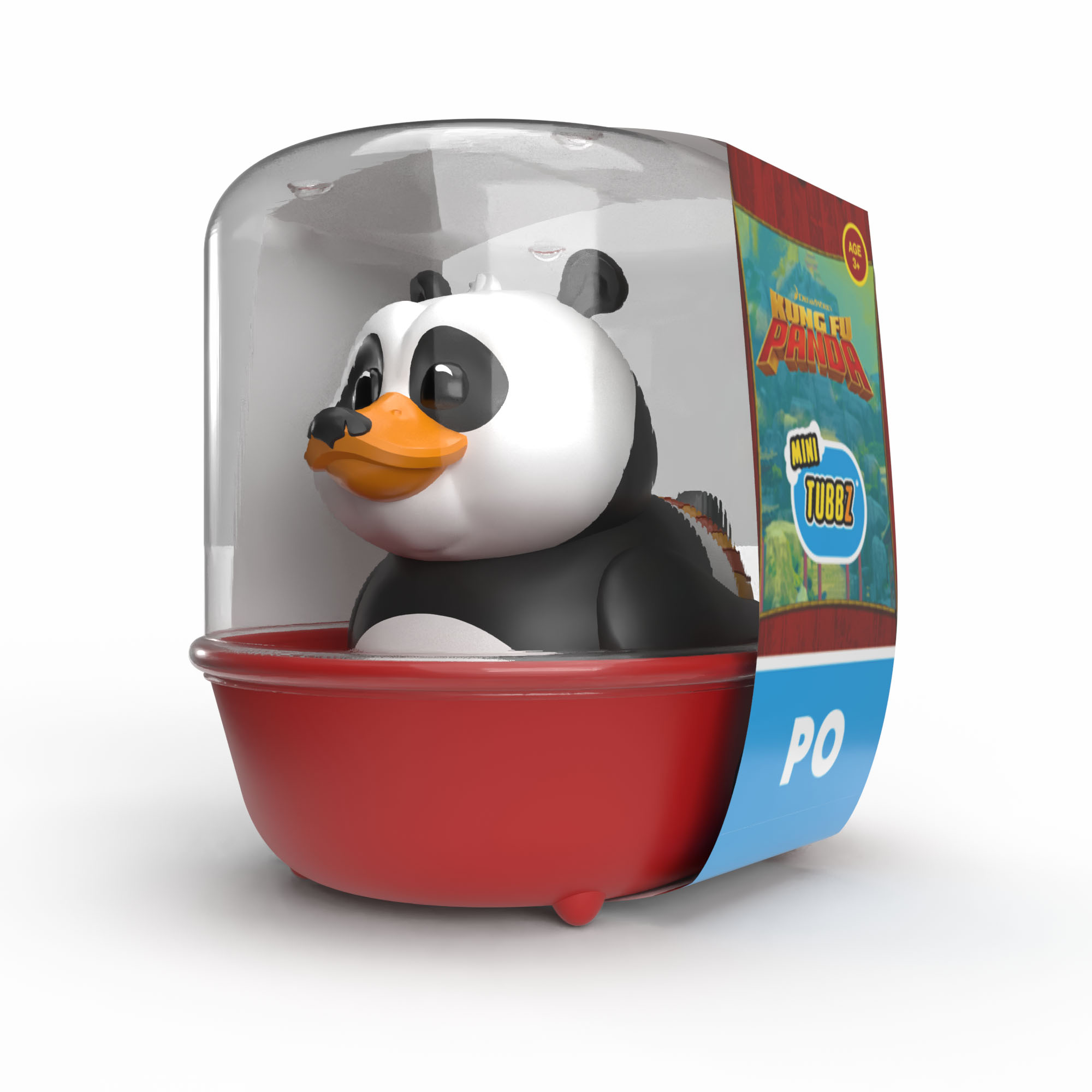 Egy Po Panda játék egy piros fürdőkádban, műanyag csomagolásban.