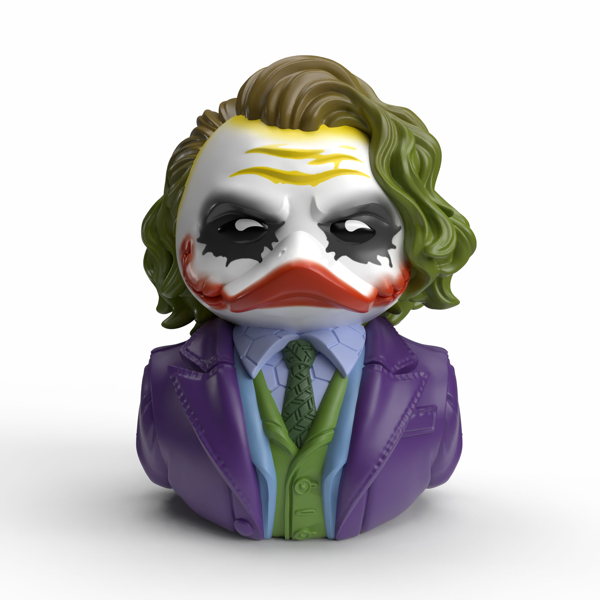 Egy Joker-kacsa lila és zöld színben, sminkkel és nyakkendővel.