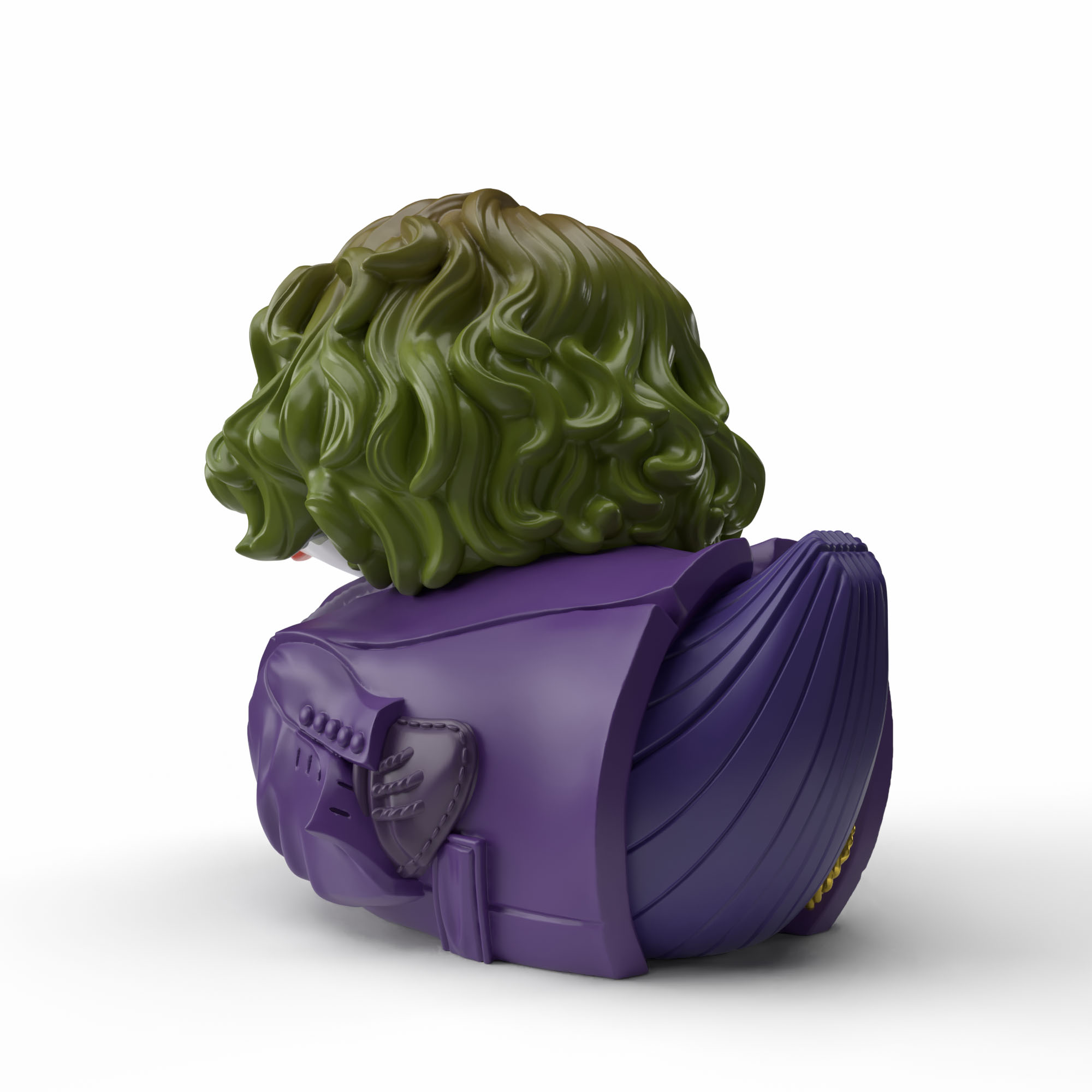 Zöld hajú, lila öltönyös figura, hátulról nézve.