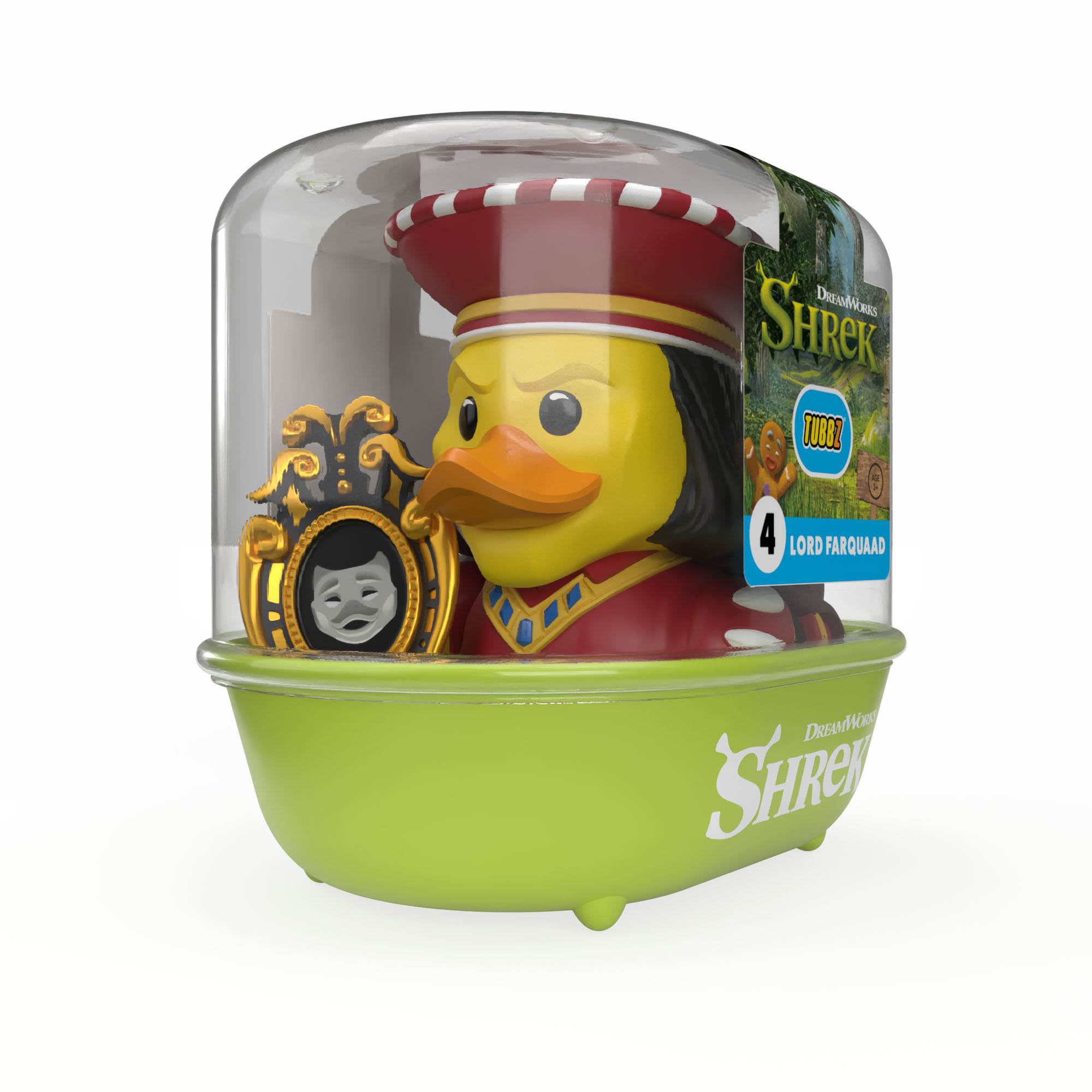 Sárga kacsa Lord Farquaad jelmezben, piros sapkával, átlátszó csomagolásban.