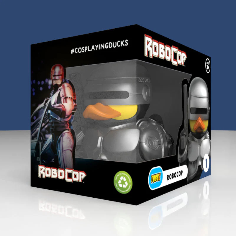 RoboCop gumikacsa dobozban, RoboCop képekkel és logóval.