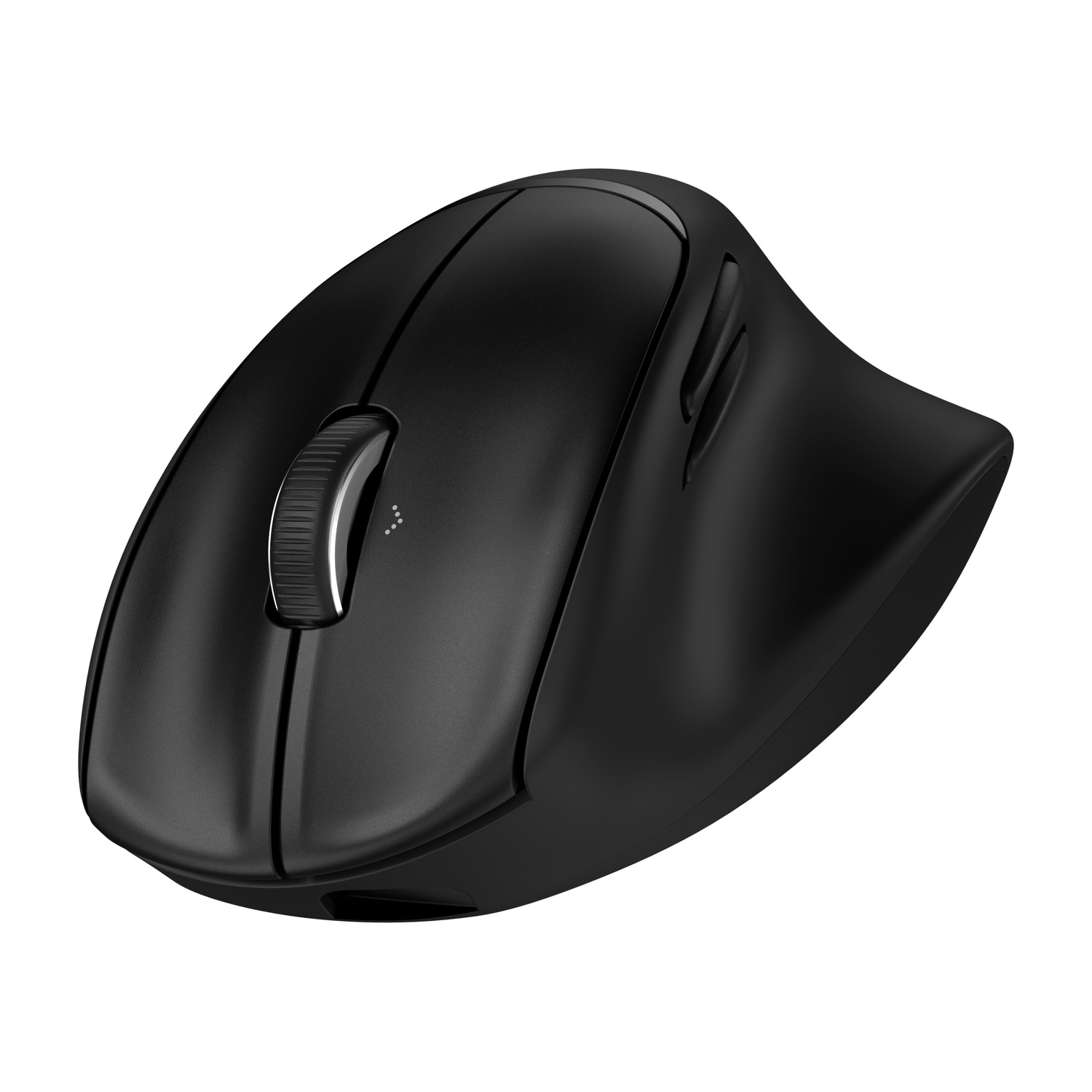 Mouse per computer nero con rotellina di scorrimento e pulsanti laterali.