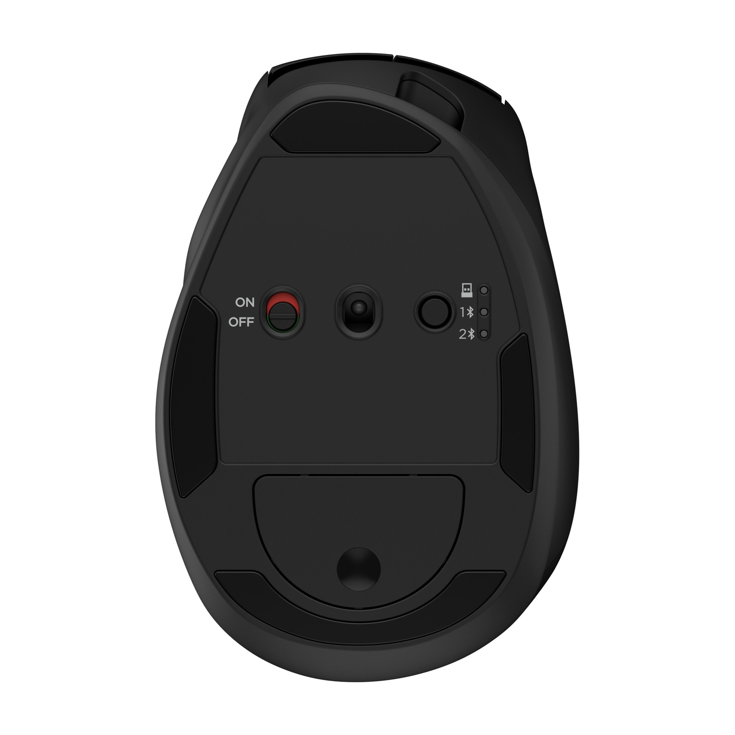 Parte inferiore di un mouse per computer nero con interruttore on/off e opzioni Bluetooth.