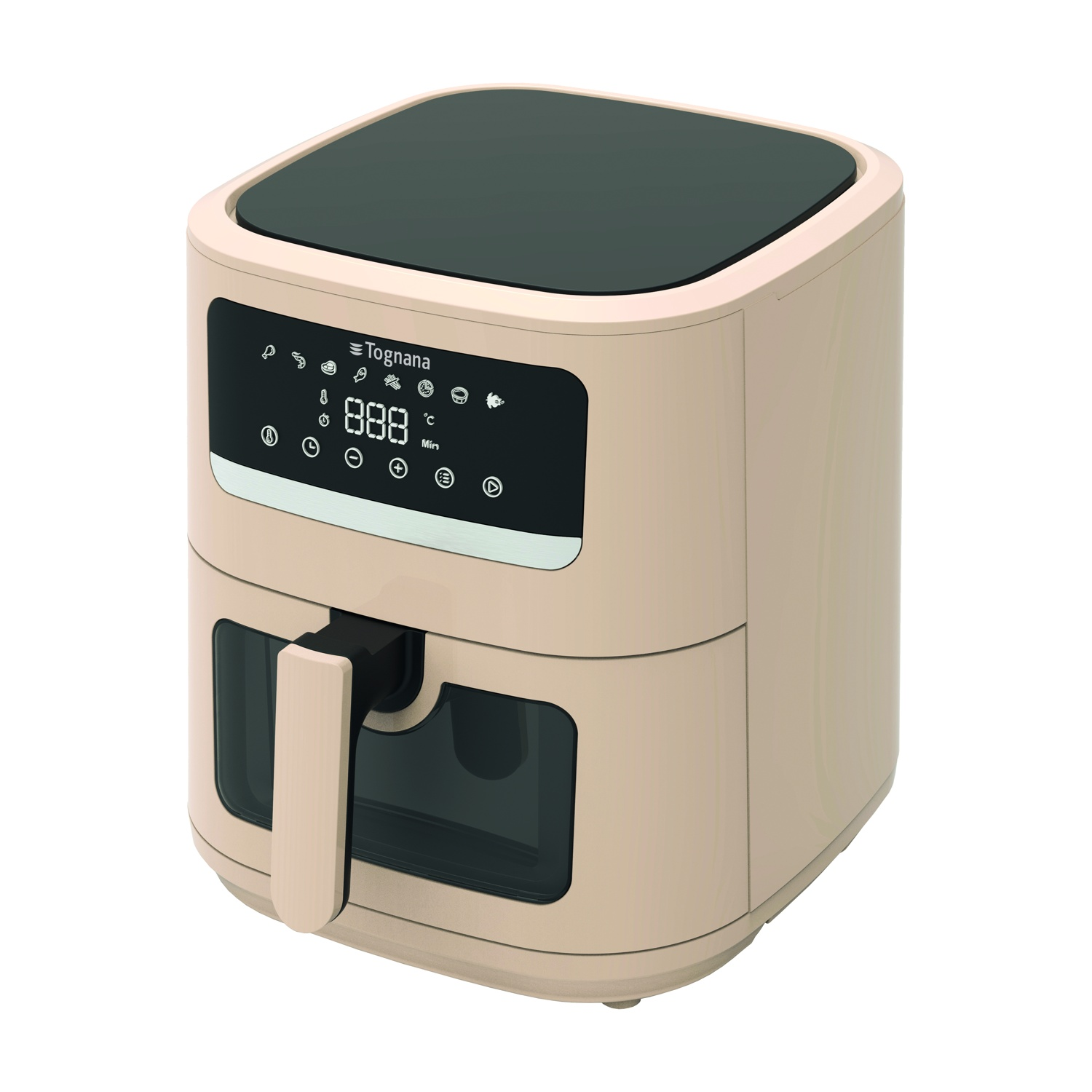 Friggitrice ad aria beige con display digitale e finestra frontale, su sfondo bianco.