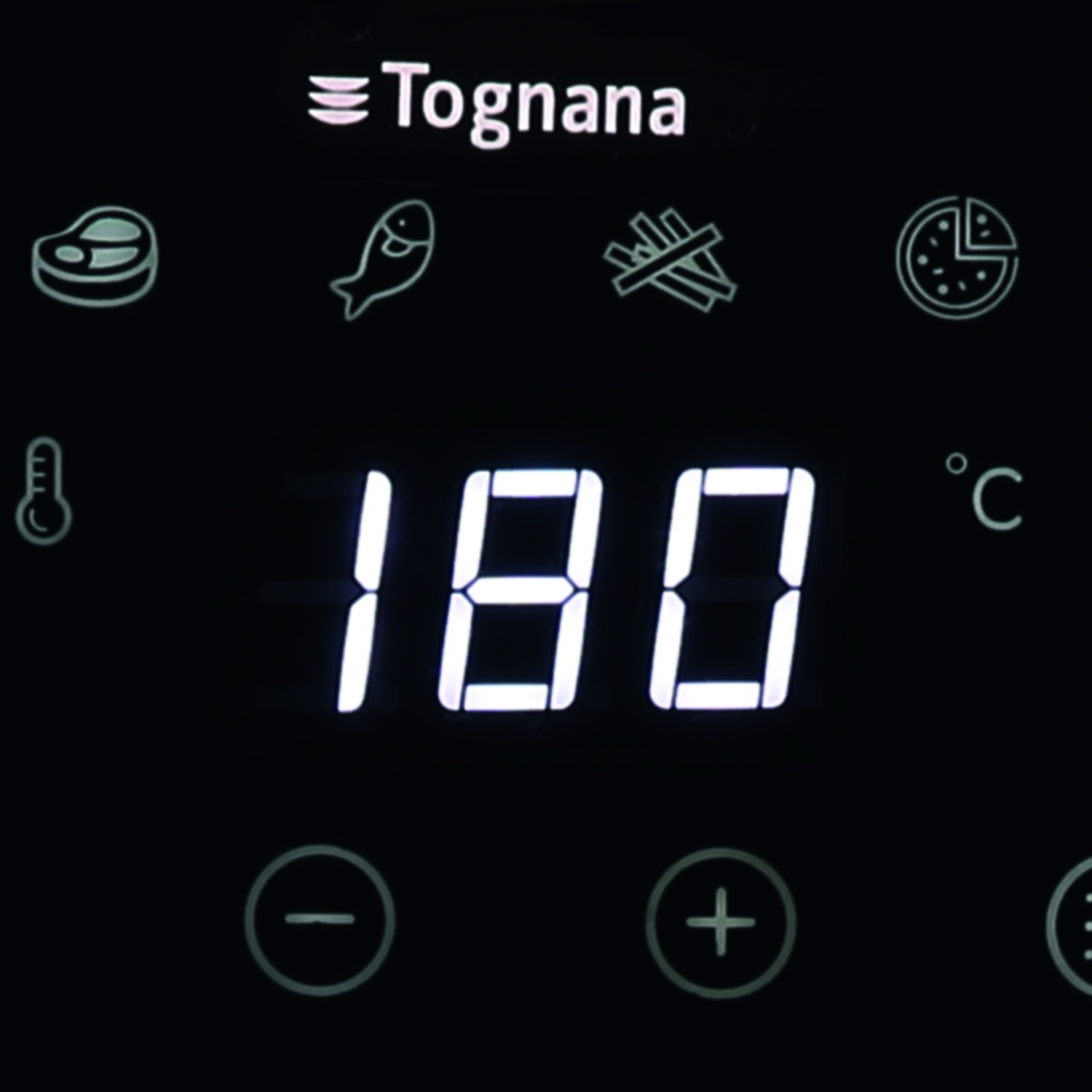 Display digitale 180°C con icone per carne, pesce, patatine, pizza e termometro.