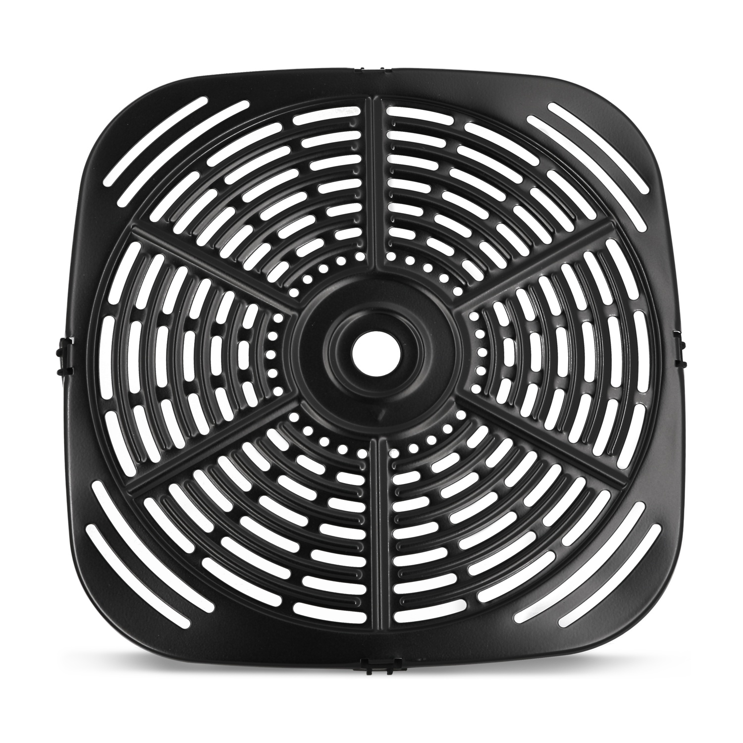Una griglia rotonda nera per friggitrice ad aria con fessure.