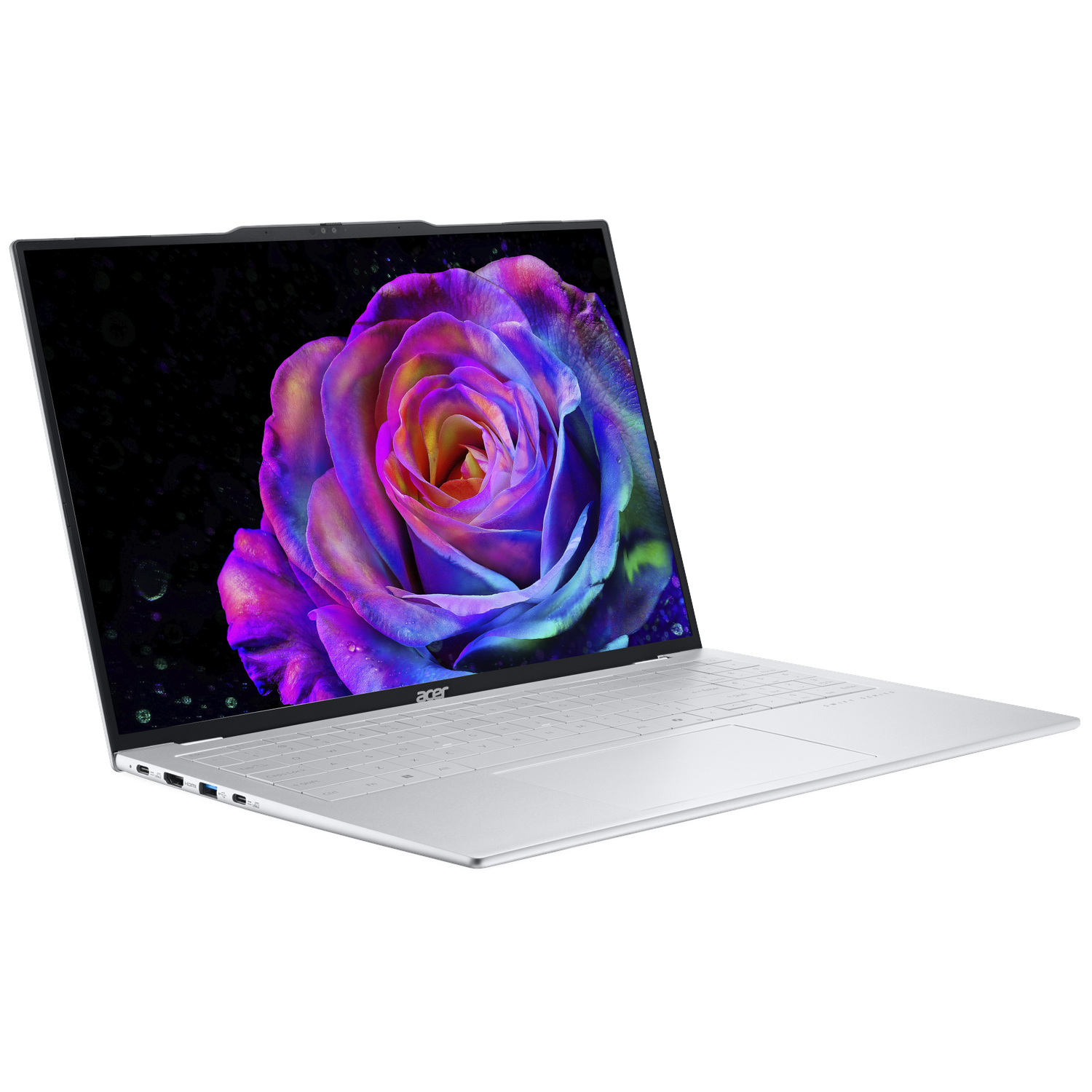 Een zilveren laptop met een levendige roos op het scherm tegen een zwarte achtergrond.