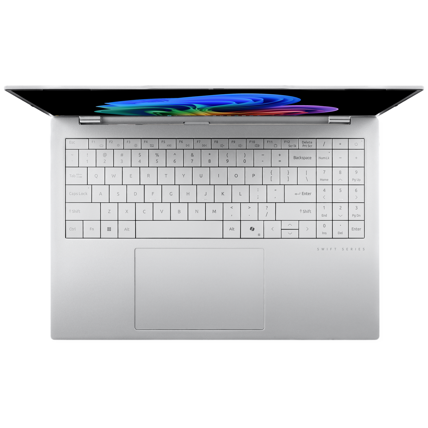 Een open zilveren laptop toont een kleurrijk vergrendelingsscherm en toetsenbord.