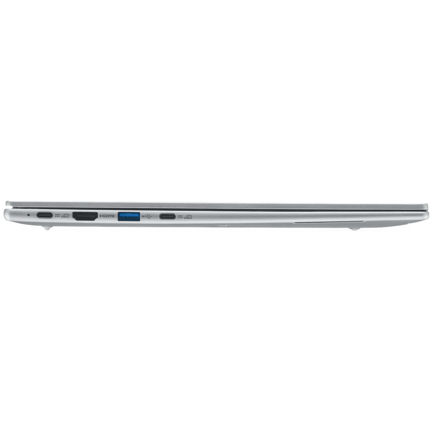 Zilveren laptop, zijaanzicht met USB-C, HDMI en USB-A poorten.