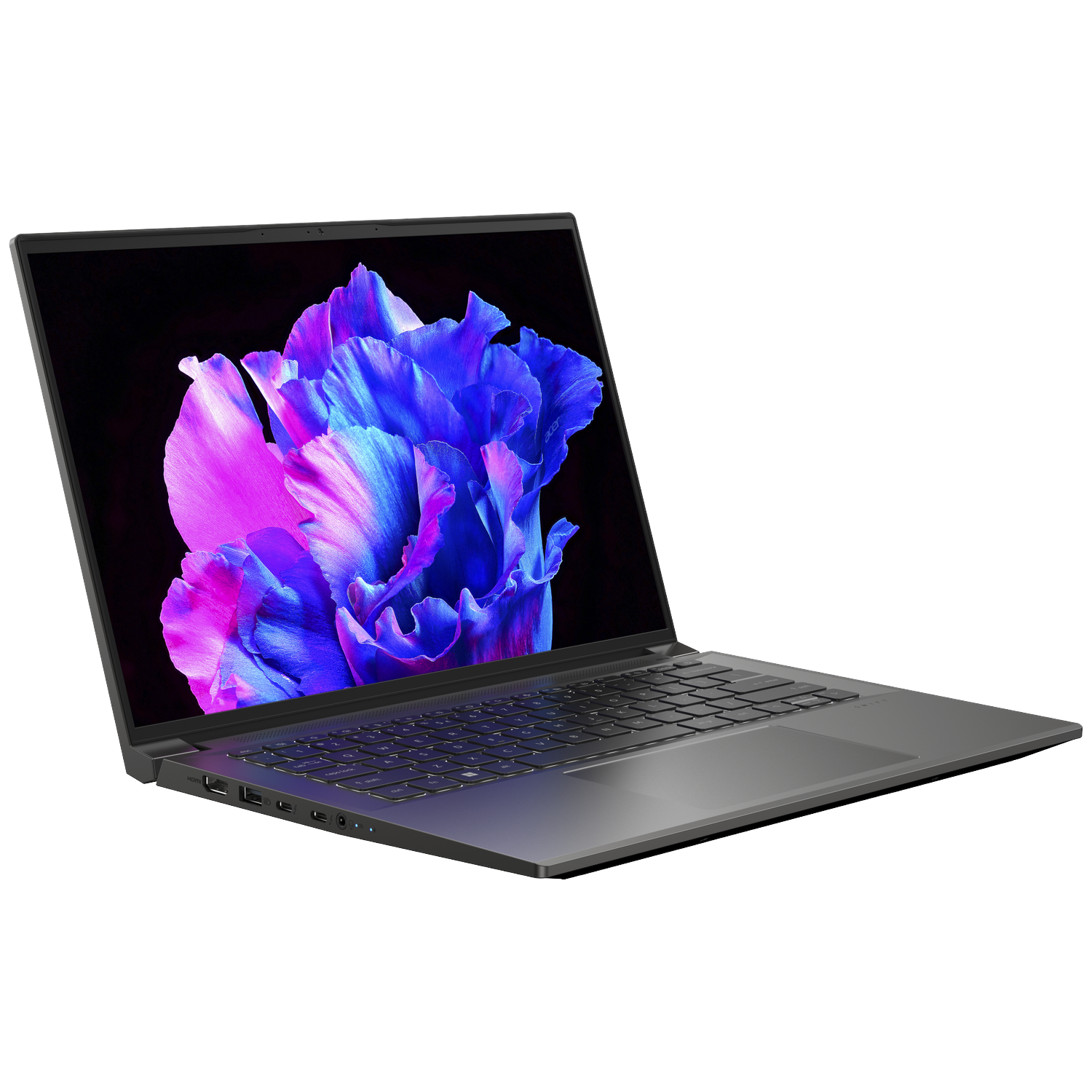 A gray laptop showing a colorful flower on a black screen background.