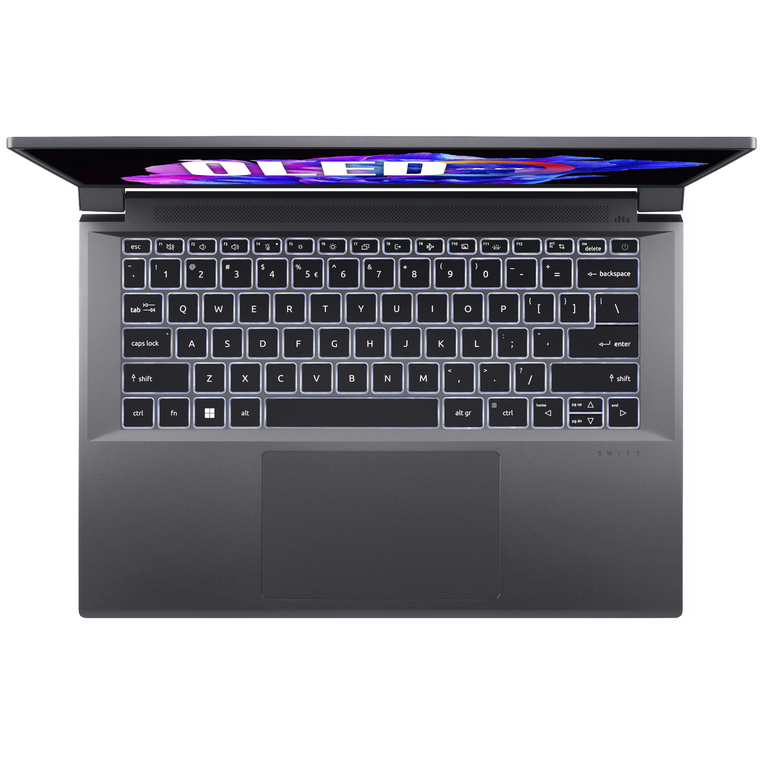 Gray laptop with illuminated keyboard and touchpad, viewed from above.