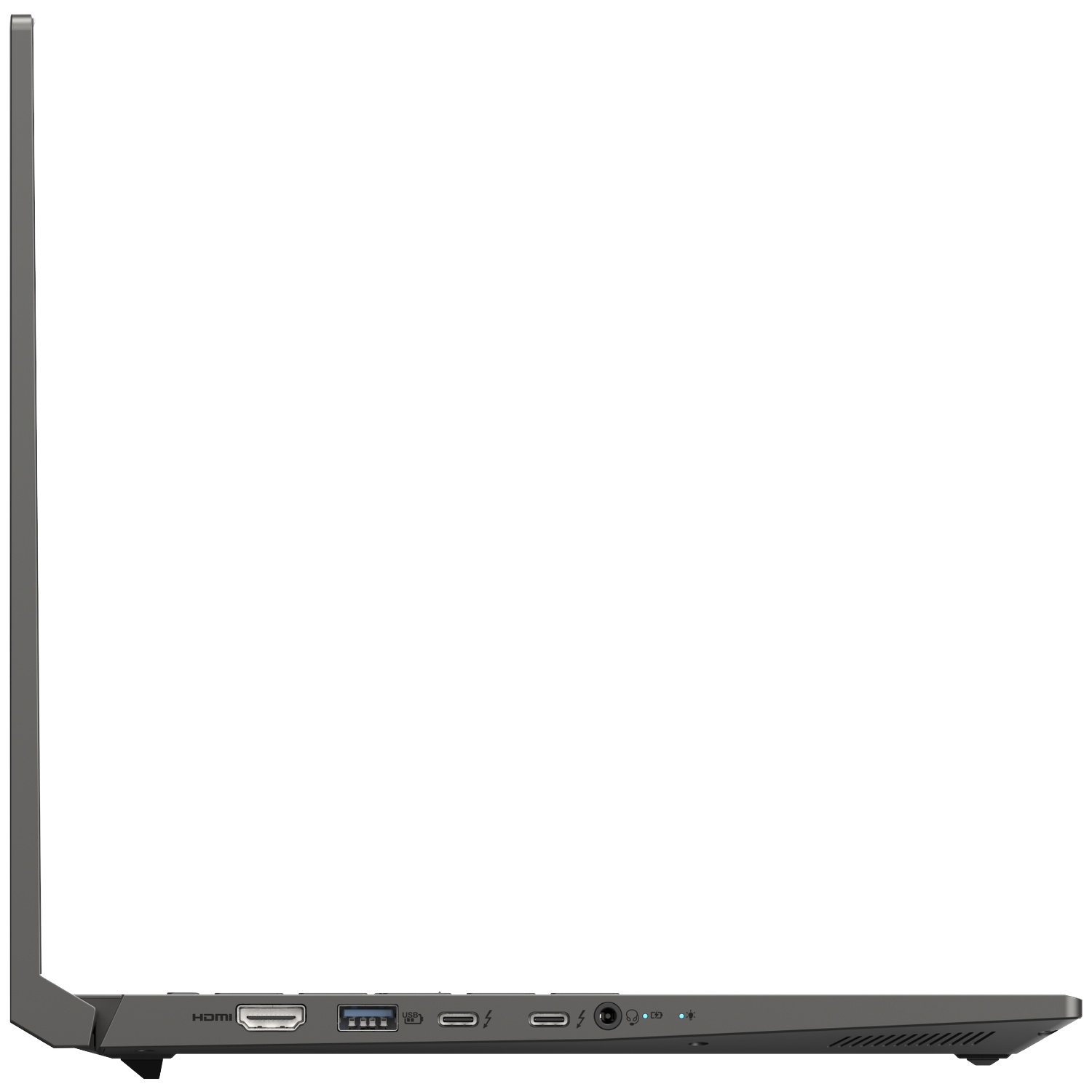 Side view of a dark laptop showing HDMI, USB, and Thunderbolt ports.