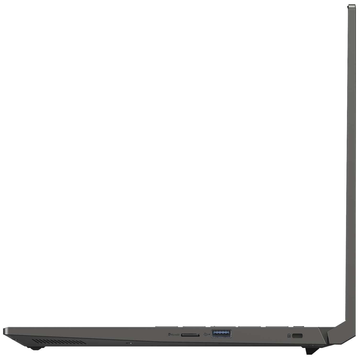 Side view of a dark laptop showing USB and SD card slots.