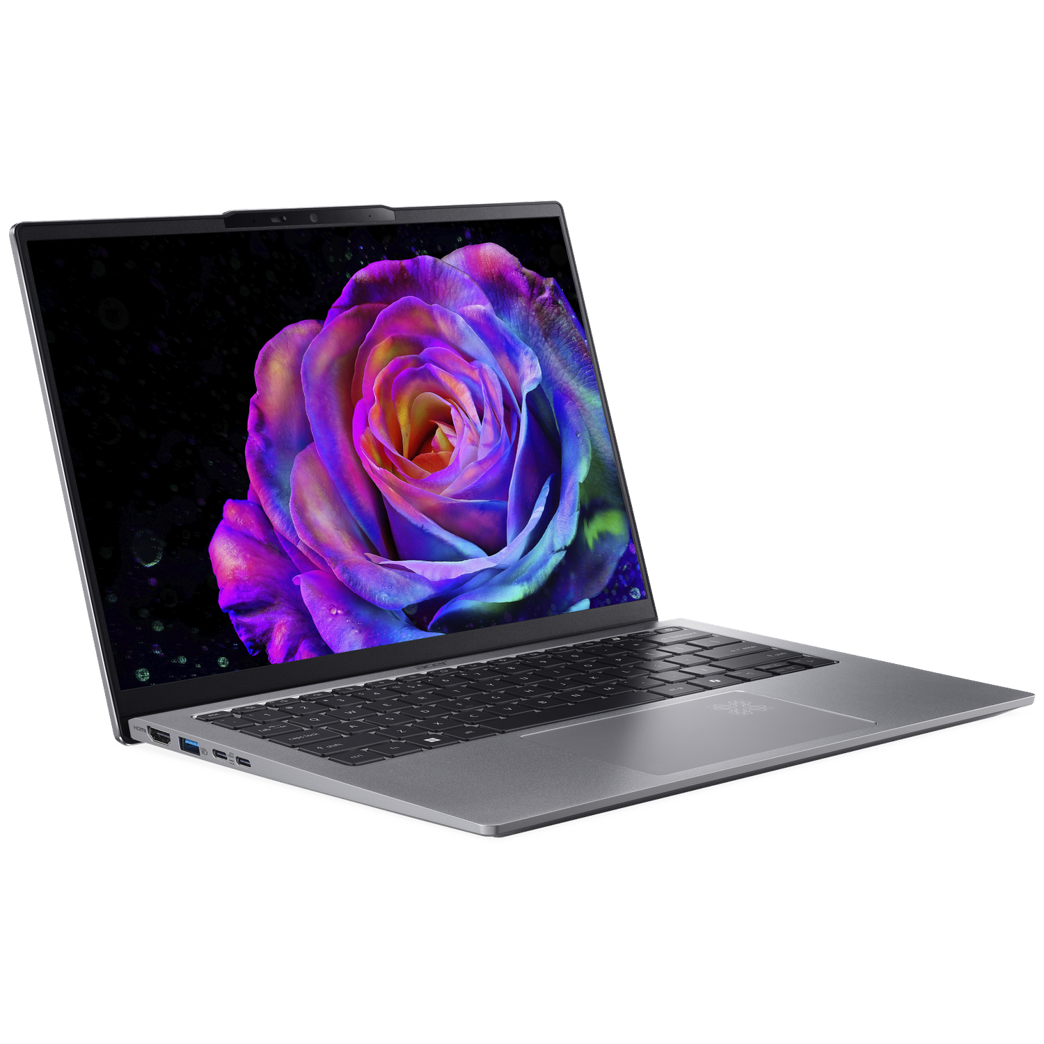 An open laptop displays a colorful rose image on its screen.