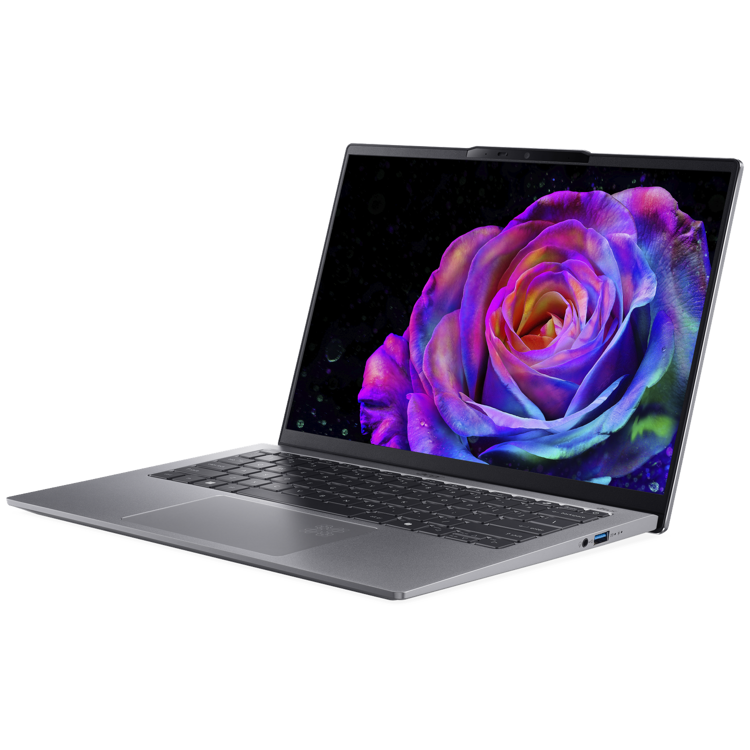 An open laptop displaying a vibrant rose wallpaper on its screen.