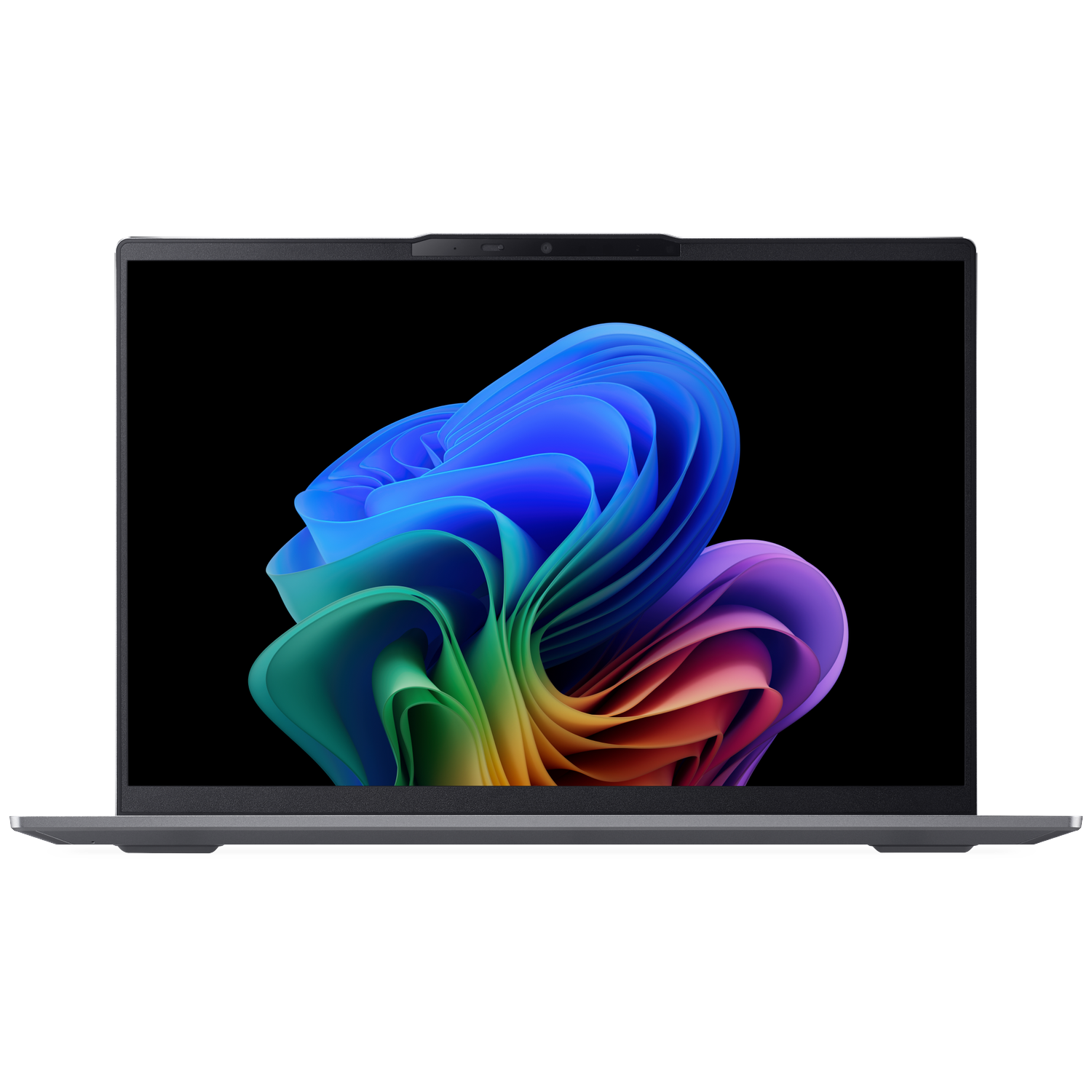 A gray laptop displaying a colorful, wavy abstract design on its black screen.