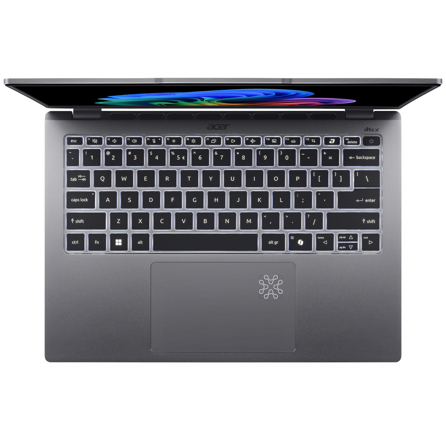 Gray Acer laptop with illuminated keyboard and open screen.