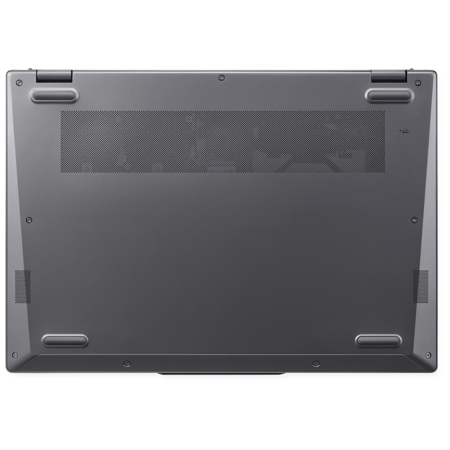 Underside of a gray laptop with vents and rubber feet.