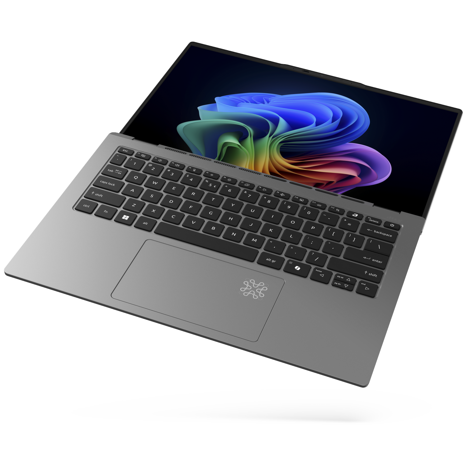 A gray laptop floats, its screen displaying a colorful, abstract pattern.