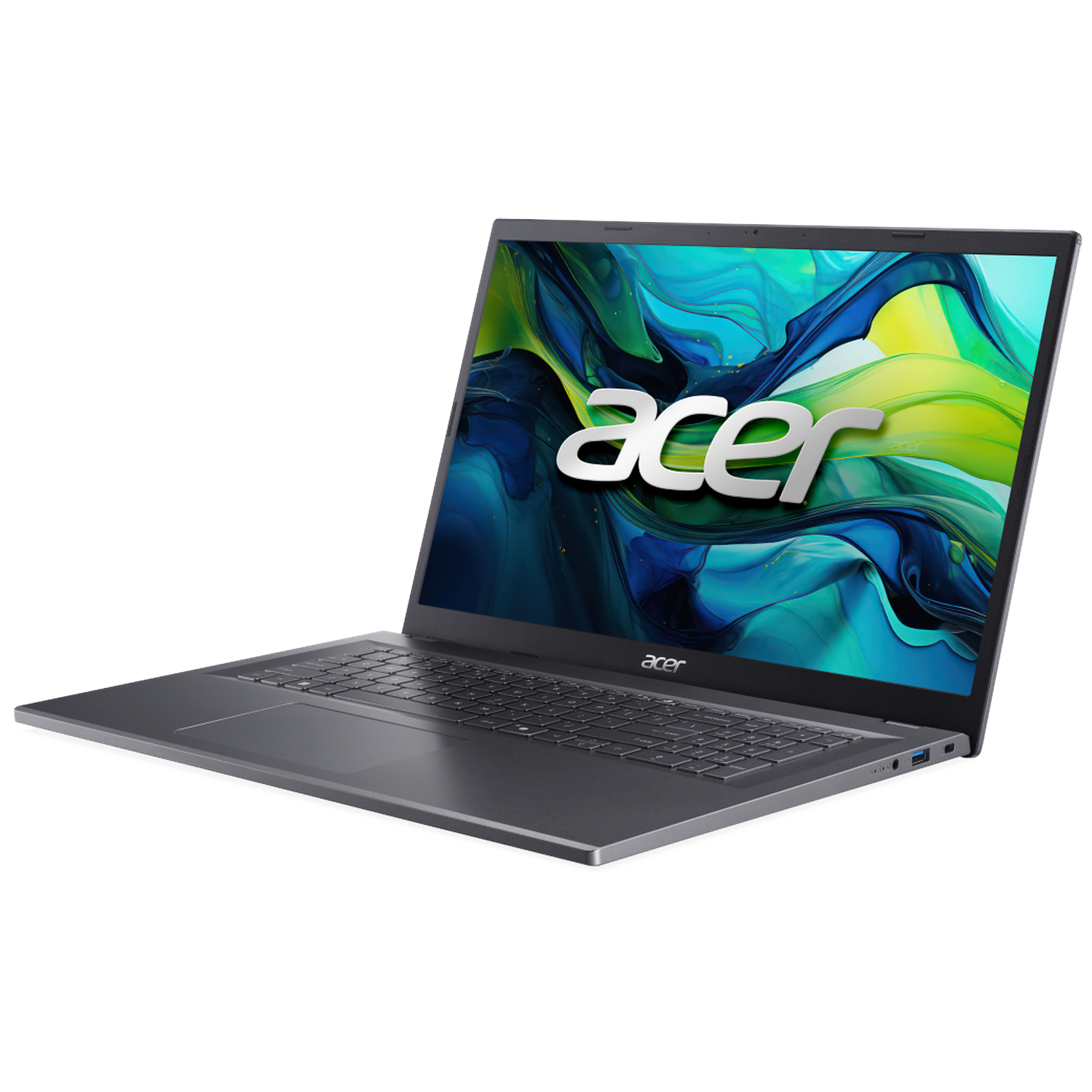 Een grijze Acer laptop met een kleurrijke abstracte achtergrond op het scherm.