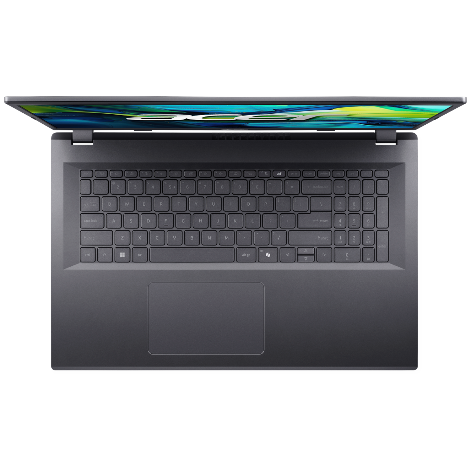 Bovenaanzicht van een open donkergrijze laptop met kleurrijke achtergrond.
