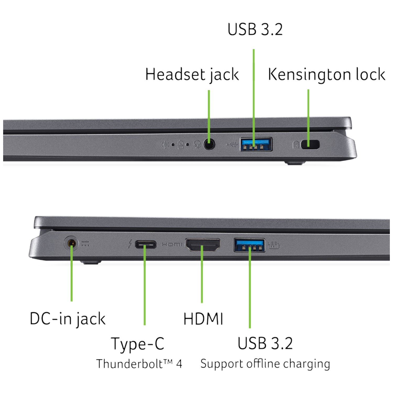 Laptop poorten: DC-in, Type-C Thunderbolt 4, HDMI, USB 3.2, headset-aansluiting, Kensington-slot.