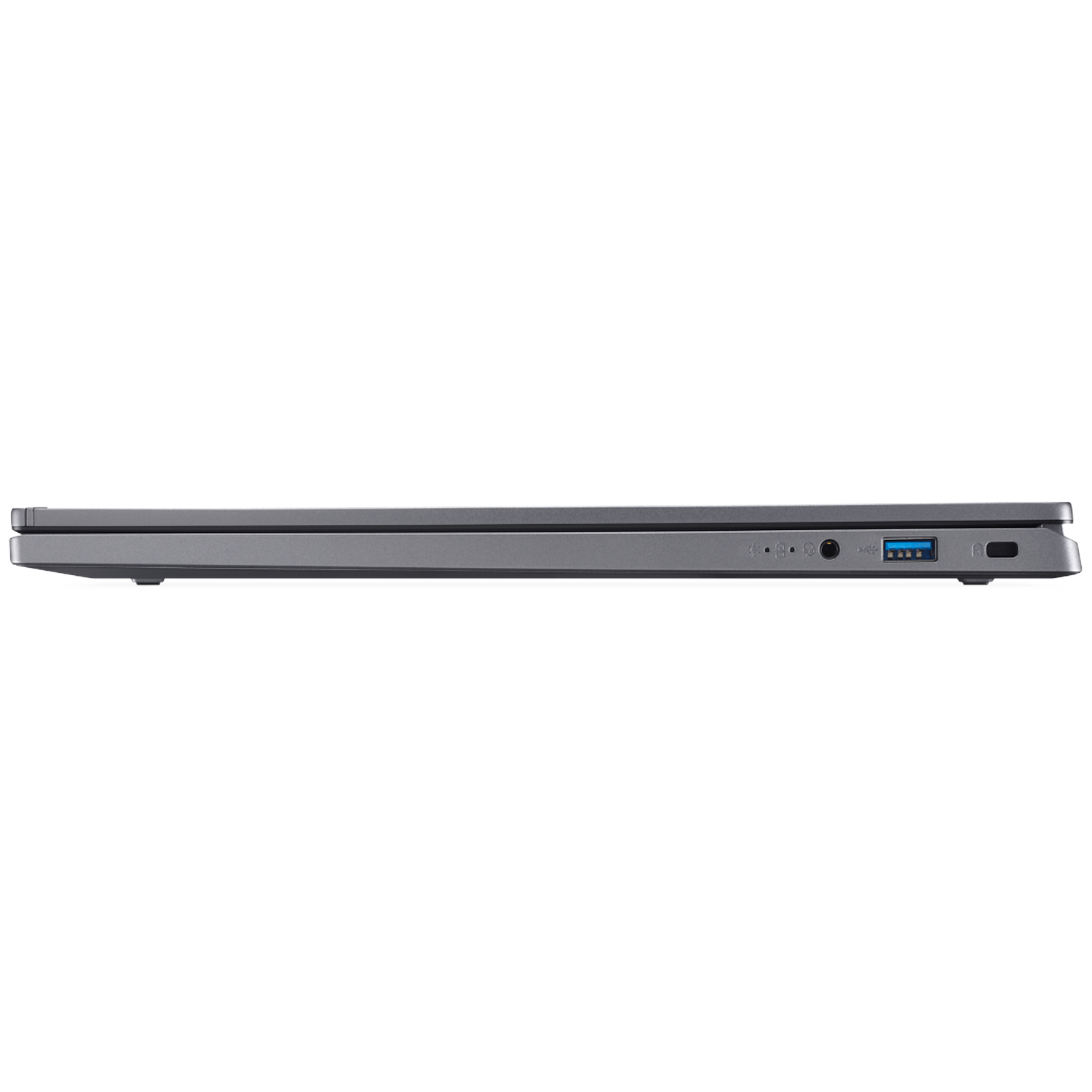 Zijaanzicht van een grijze laptop met USB-poort en koptelefoonaansluiting.