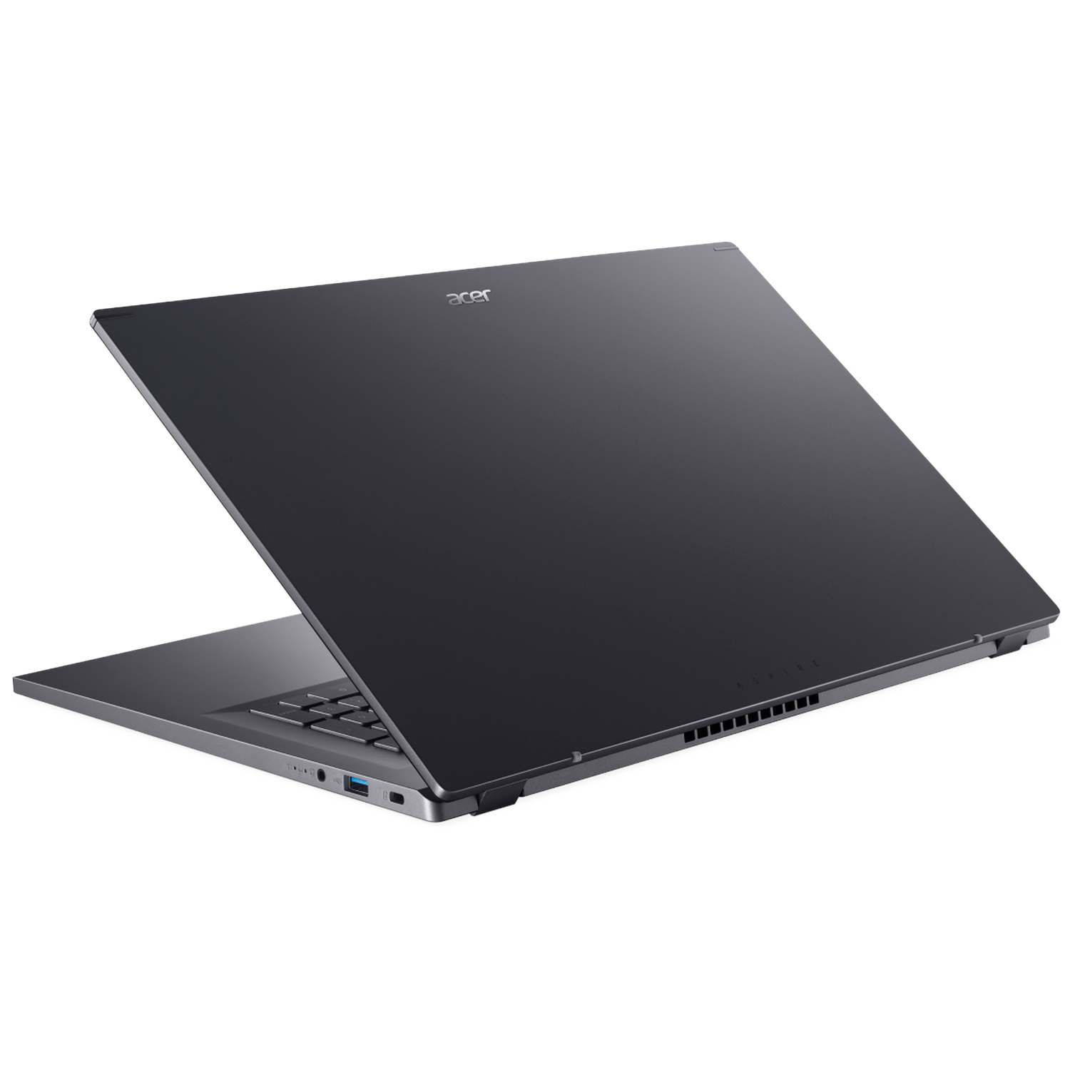 Een grijze Acer laptop met open deksel, de toetsenbord zichtbaar op witte achtergrond.