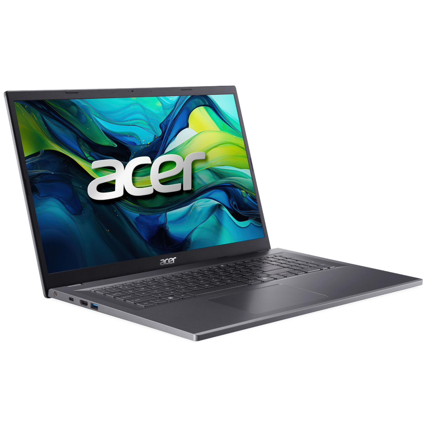 An open gray Acer laptop with a colorful wallpaper displayed on its screen.