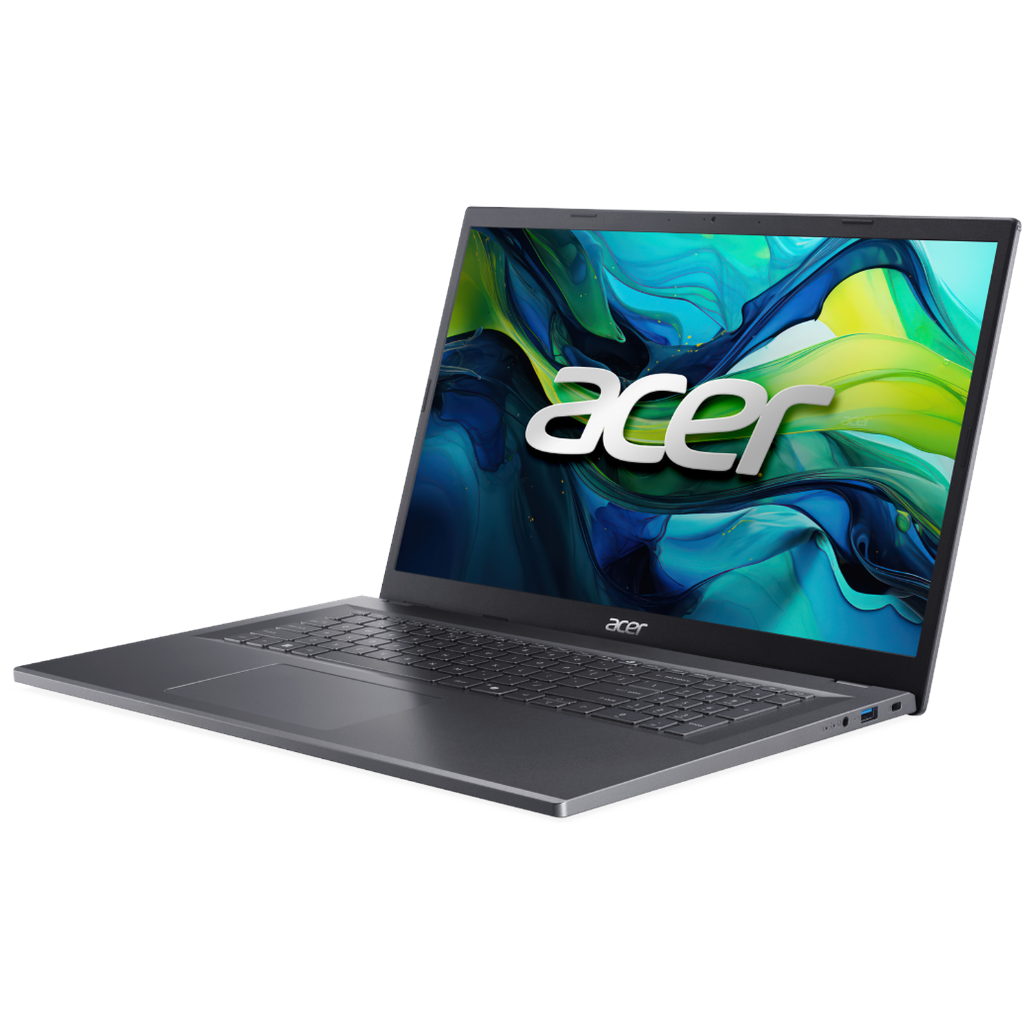 A closed gray Acer laptop with a colorful background displayed on its screen.