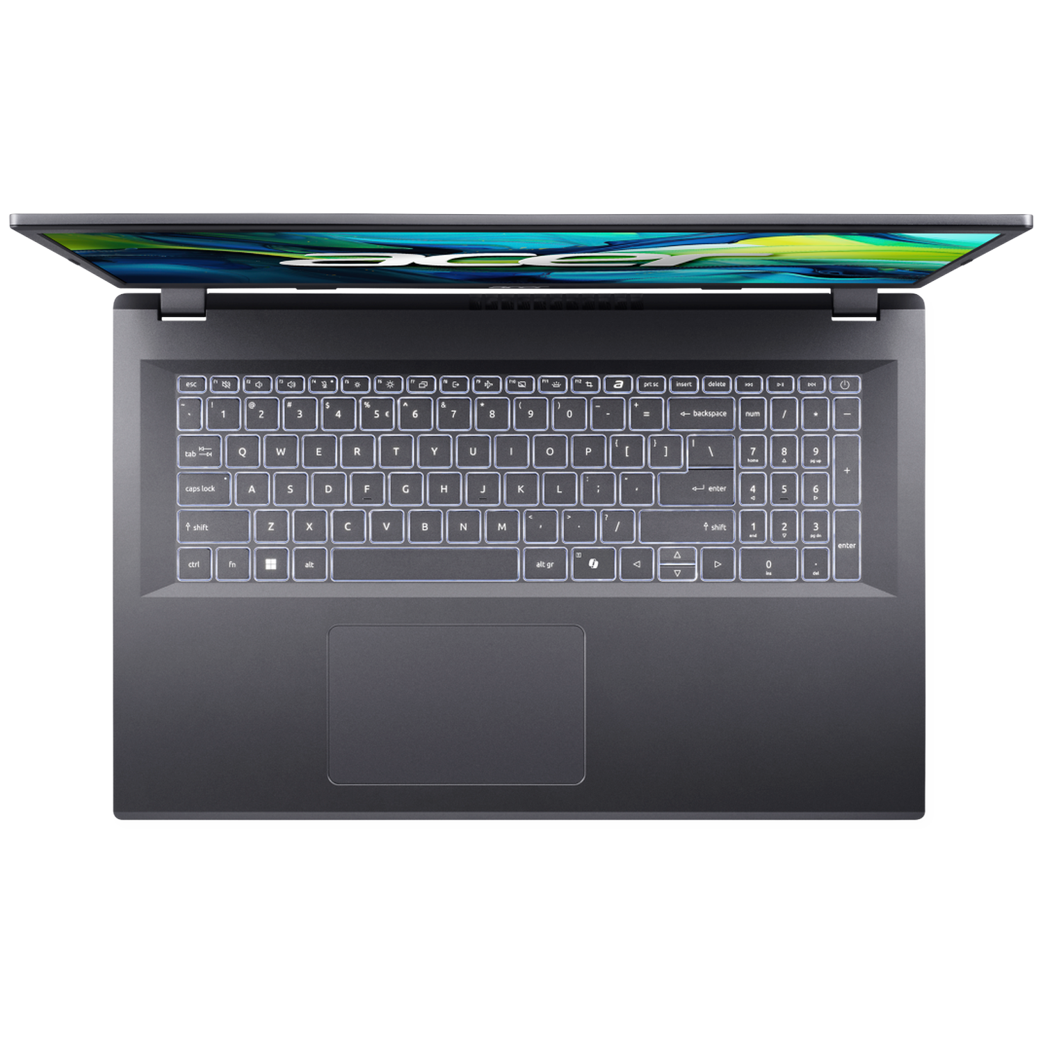 An open dark laptop with a backlit keyboard and a blue-green screen background.