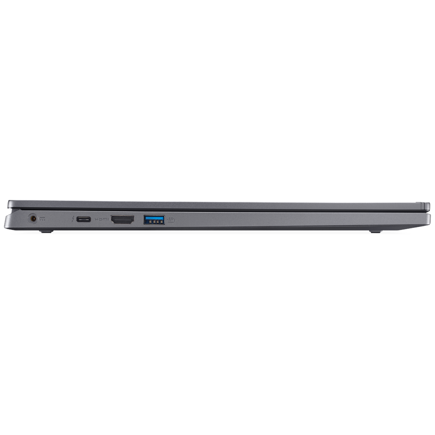 Gray laptop profile with ports: jack, Thunderbolt, HDMI, USB-A.