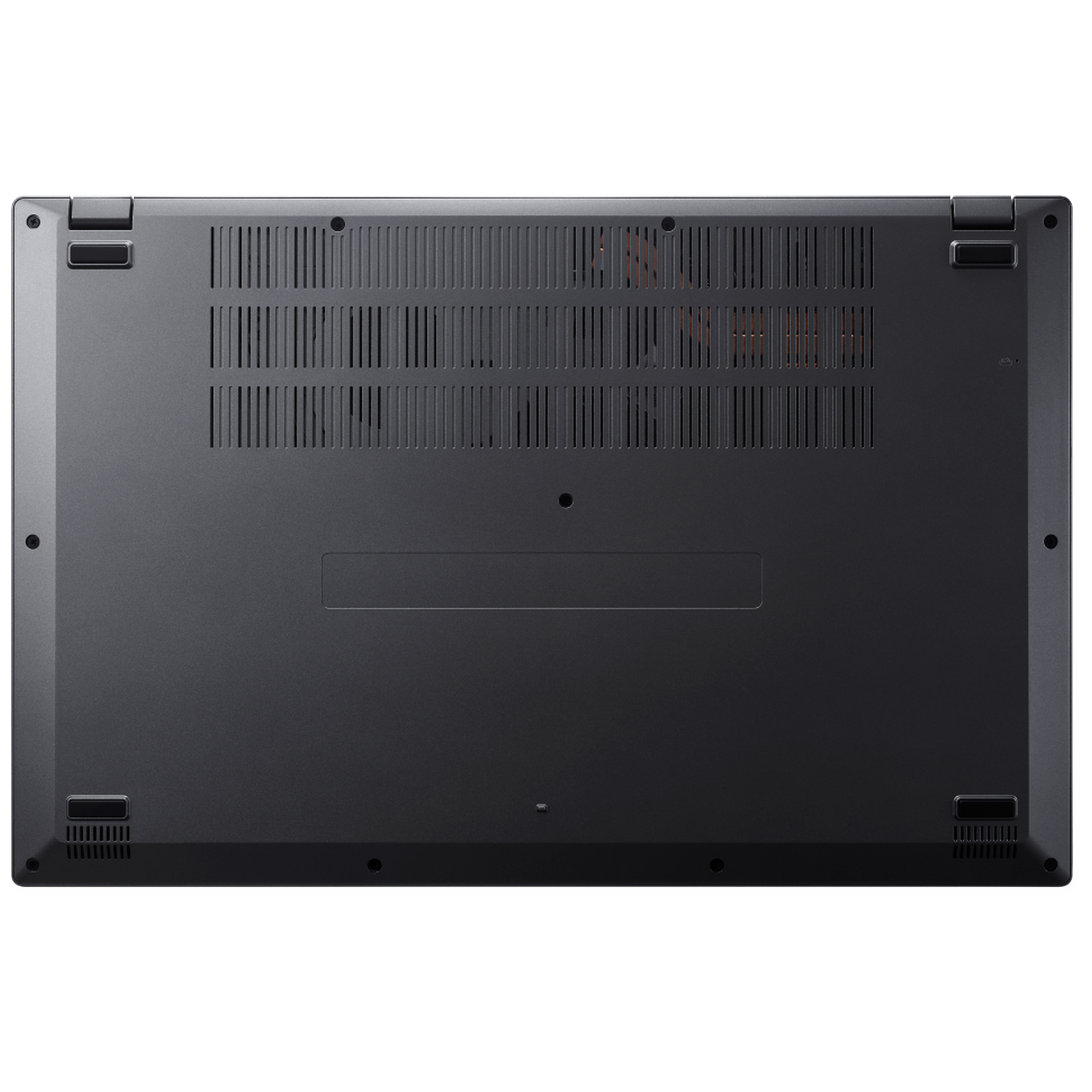 Underside of a dark laptop with vents and feet. Top view.