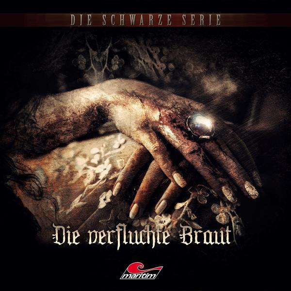Dunkle Hände mit Ring auf Stoff. Der Titel lautet "Die verfluchte Braut".