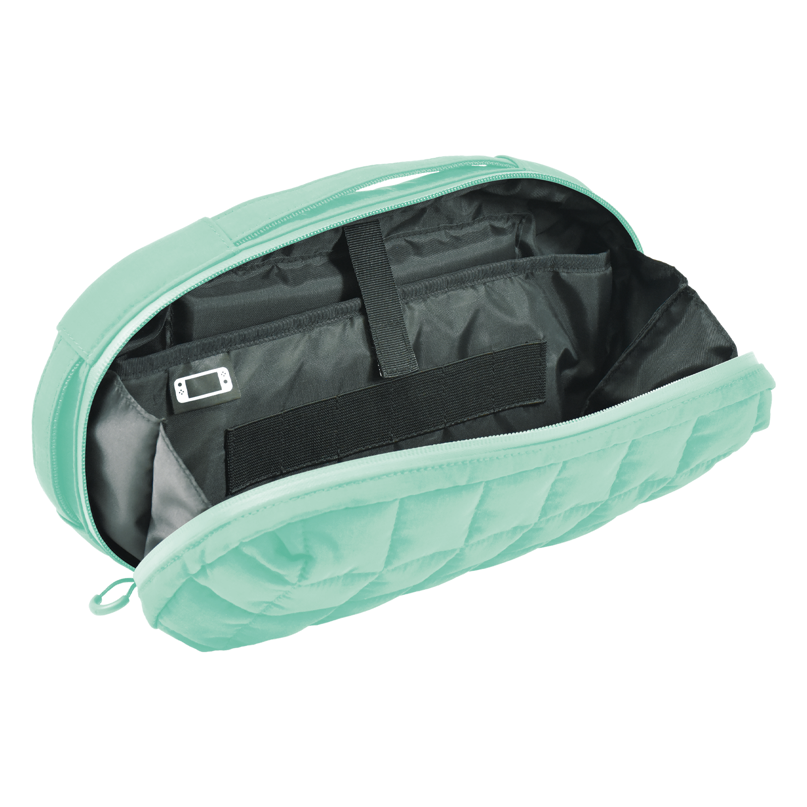 Offene mintgrüne Tasche mit Fächern und einem Nintendo Switch-Symbol.