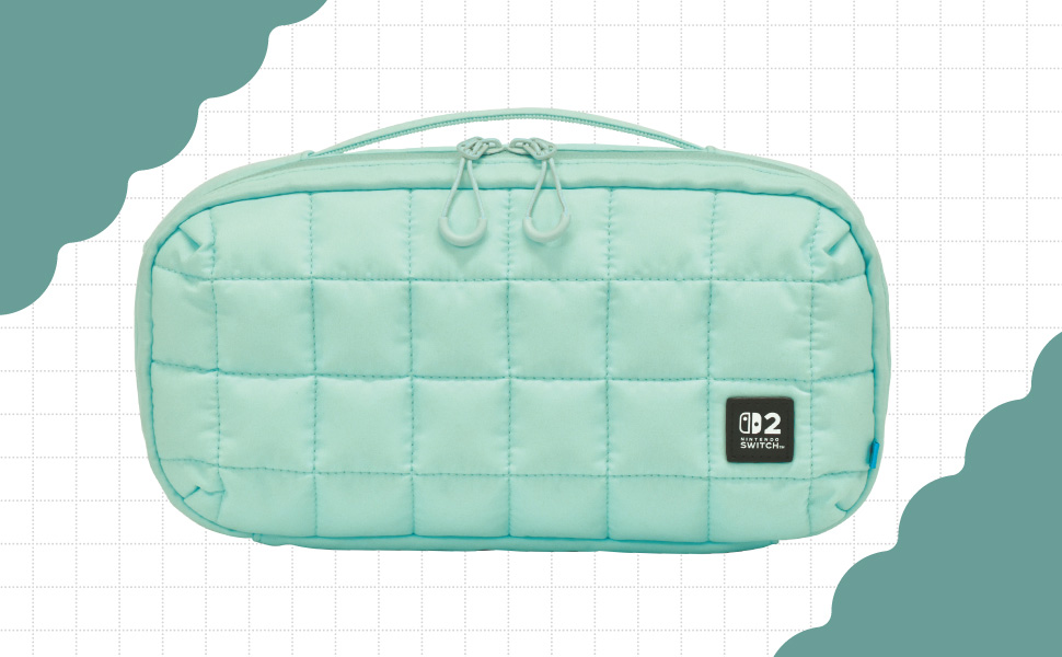 Eine hellgrüne, gesteppte Tasche mit zwei Reißverschlüssen und einem Nintendo Switch-Logo.