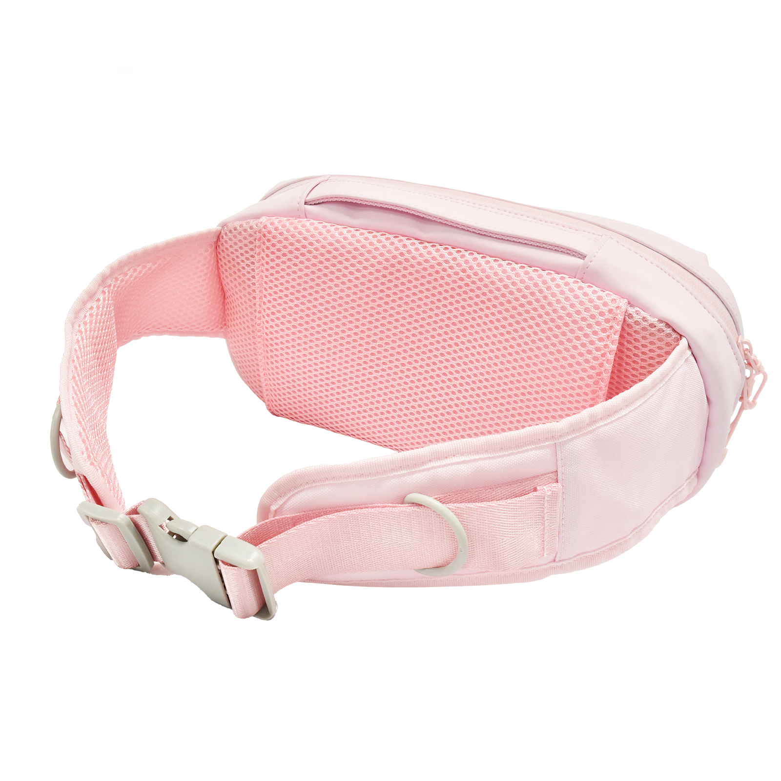 Eine rosafarbene Bauchtasche aus Stoff mit Netzdetails und Schnallenverschluss.