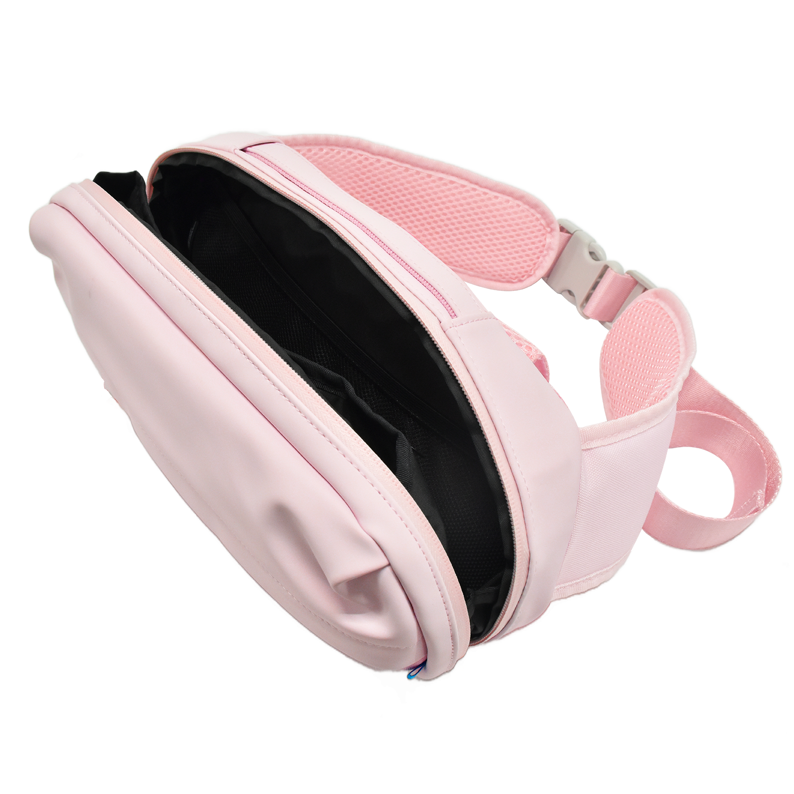 Eine aufklappbare rosafarbene Bauchtasche mit schwarzem Innenfutter und verstellbarem Gurt.