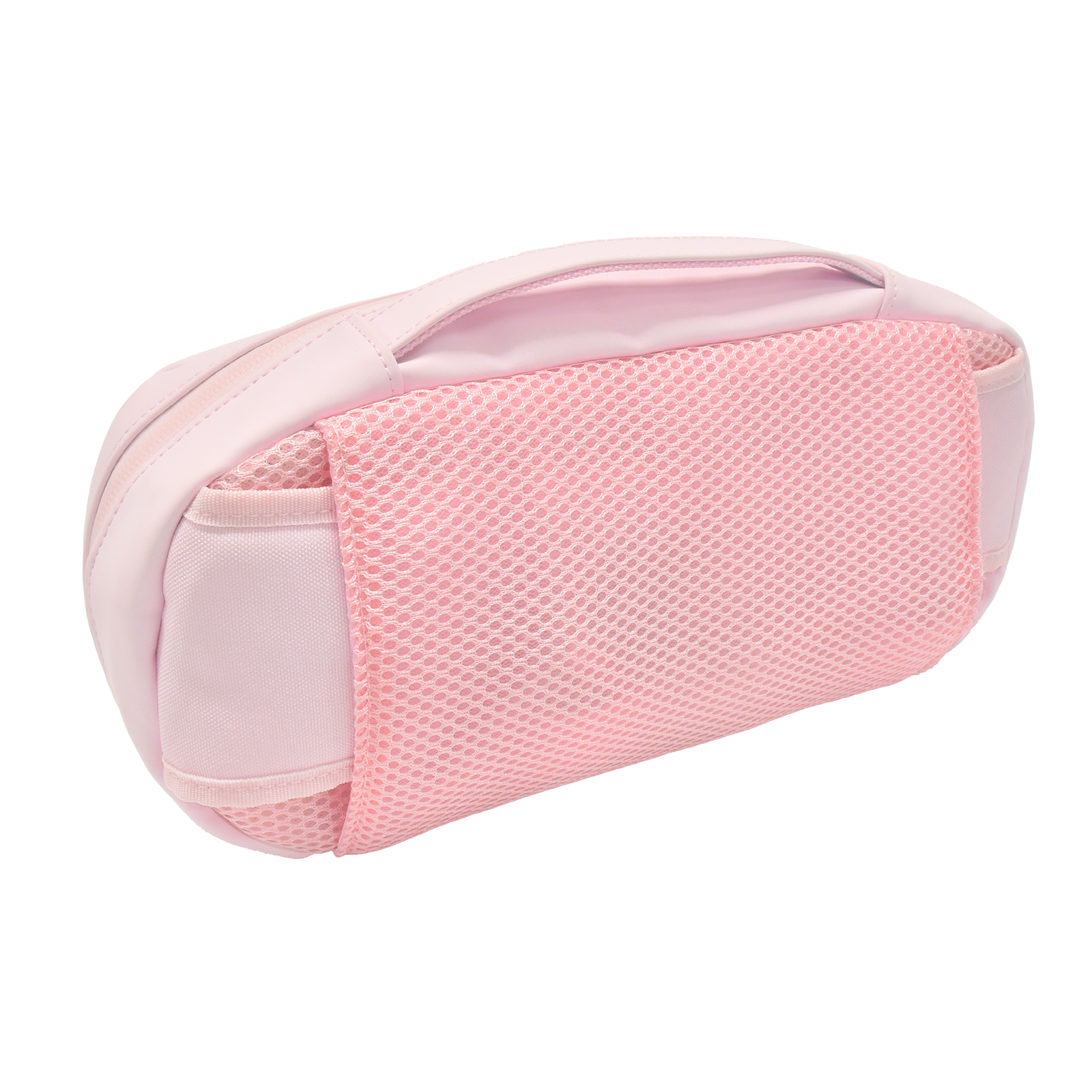 Eine rosafarbene Tasche mit Mesh-Einsatz und Reißverschluss.
