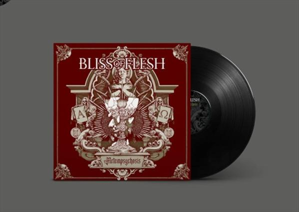 Ein rotes Vinyl-Albumcover mit "Bliss of Flesh" und einem komplexen Motiv daneben.