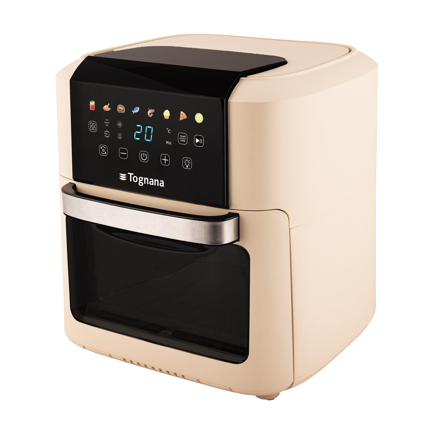 Friggitrice ad aria beige con pannello di controllo nero e display digitale.
