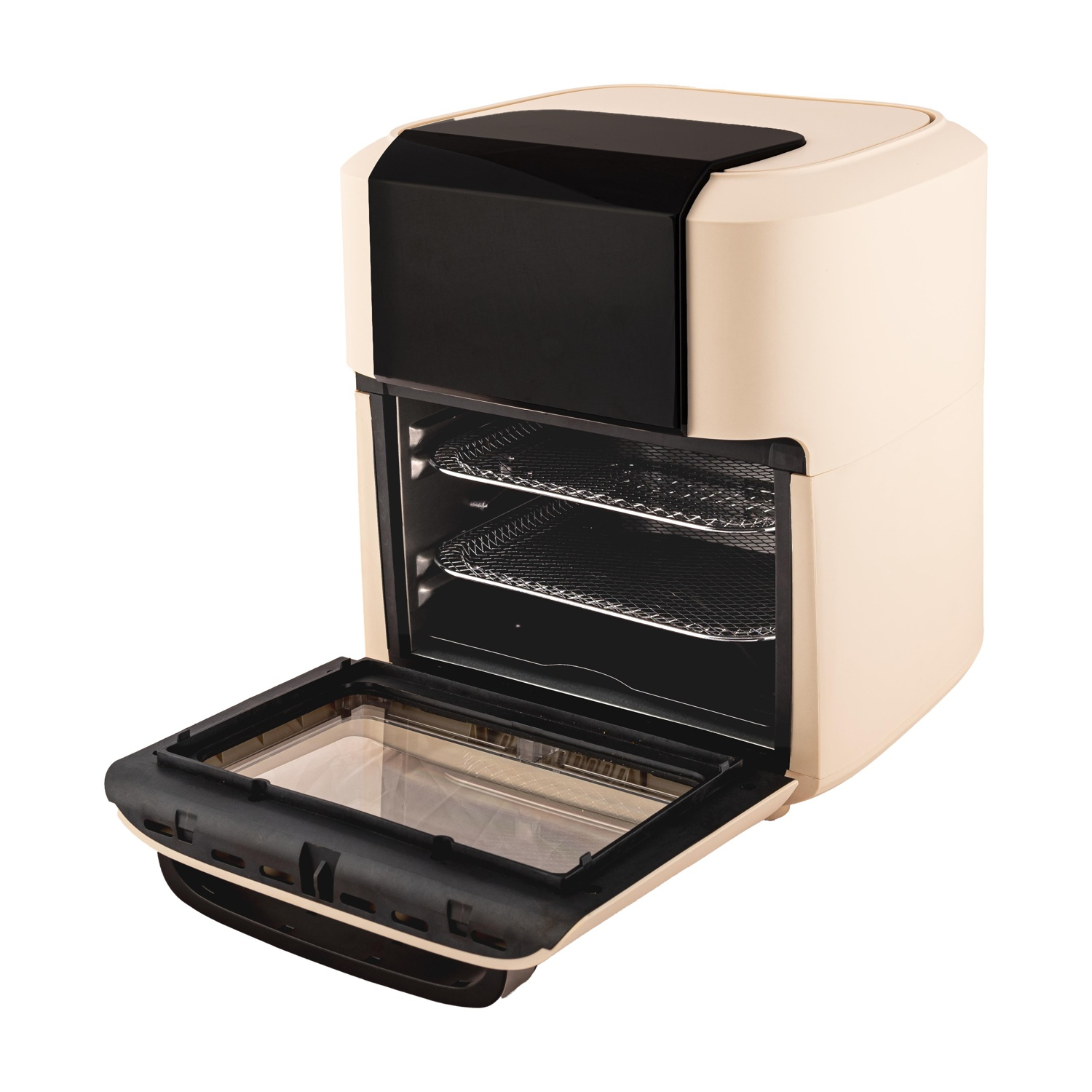 Friggitrice ad aria beige con porta aperta e due griglie.