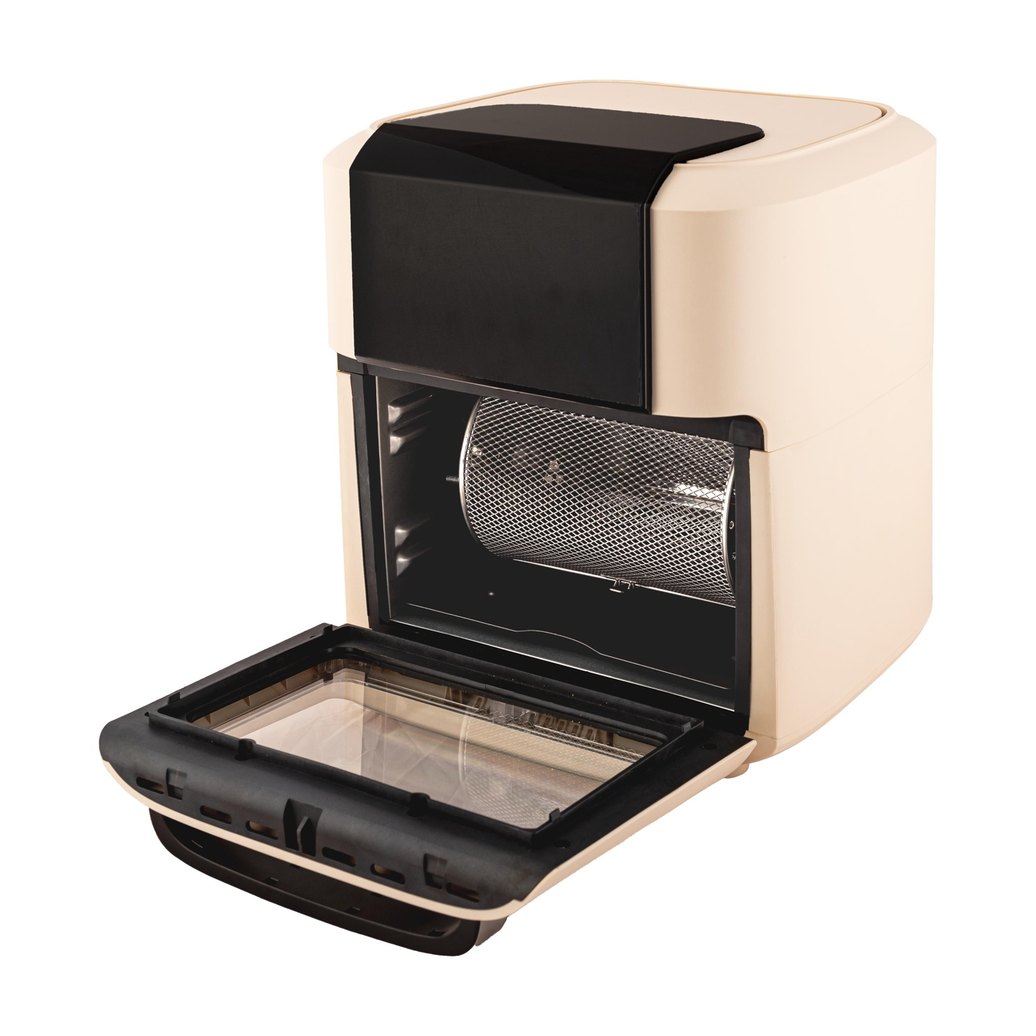 Friggitrice ad aria beige con scomparto aperto e cestello rotante all'interno.